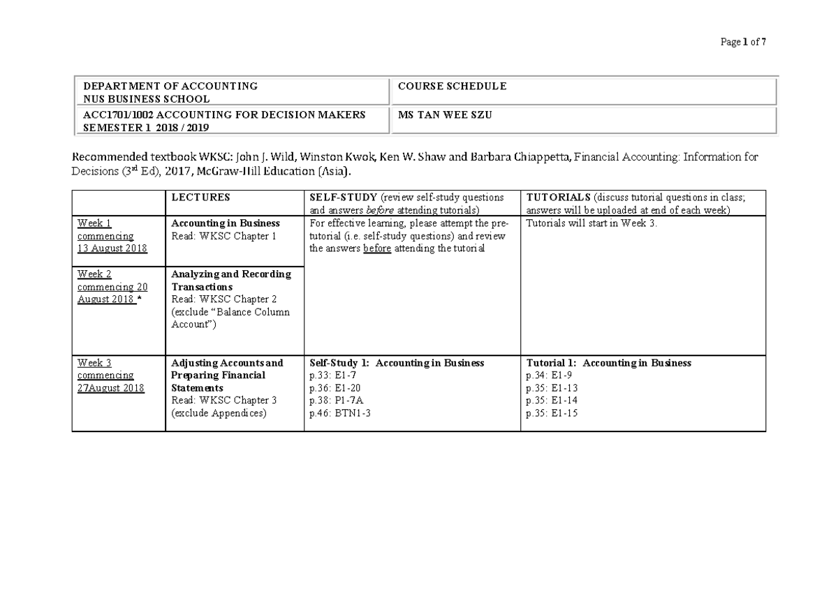 ACC1701 Detailed Course Schedule Aug 2018 - Page 1 of 7 DEPARTMENT OF ...