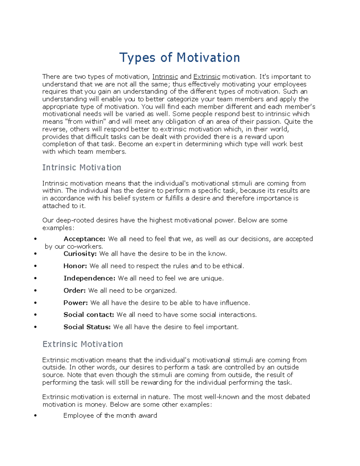 10 Types of Motivation - Summary of chapter - Types of Motivation There ...