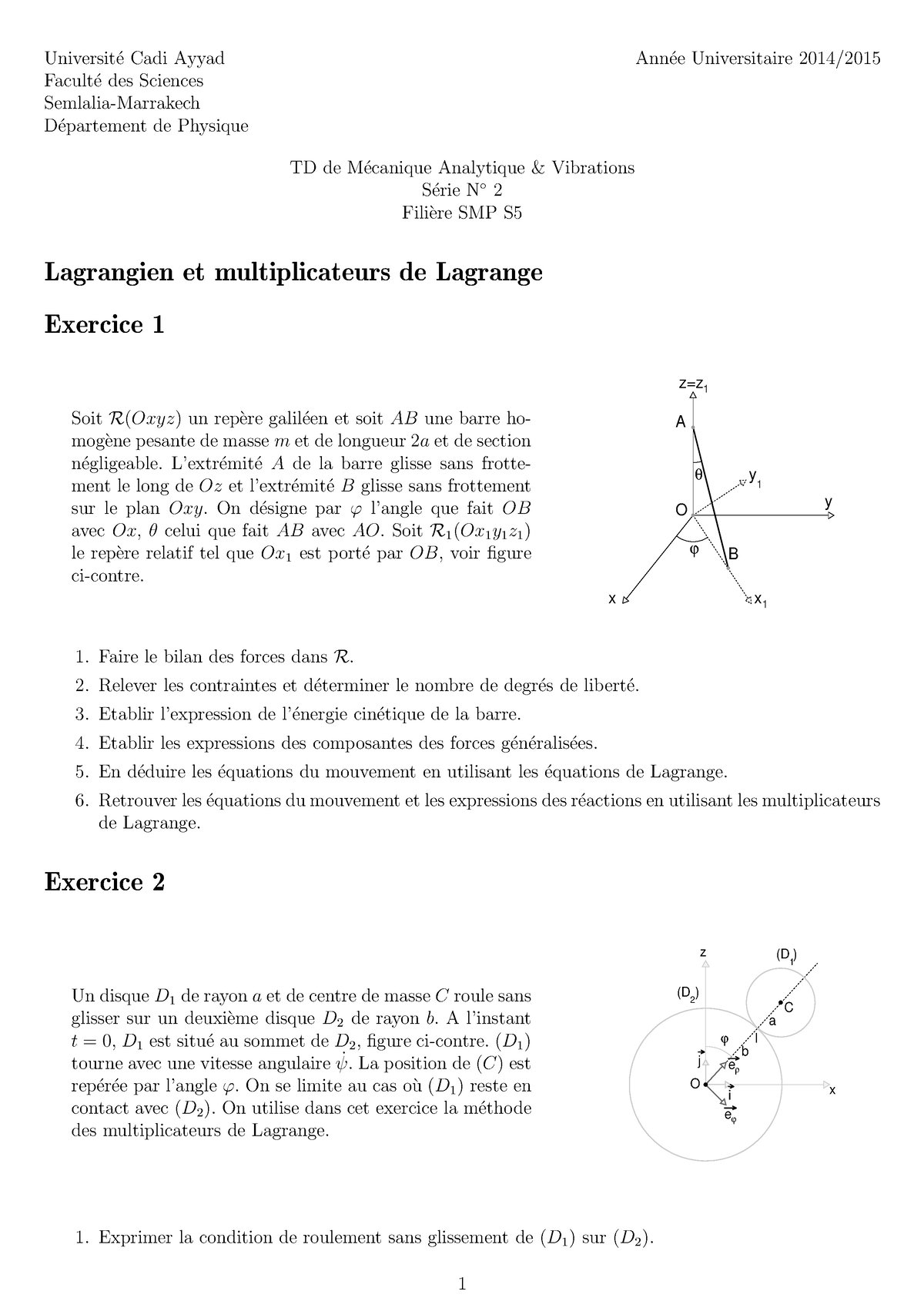 Td1 22 23 Td Mécanique Analytique Smp S5 Universit ́e Cadi Ayyad Ann ́ee Universitaire 2014 2359