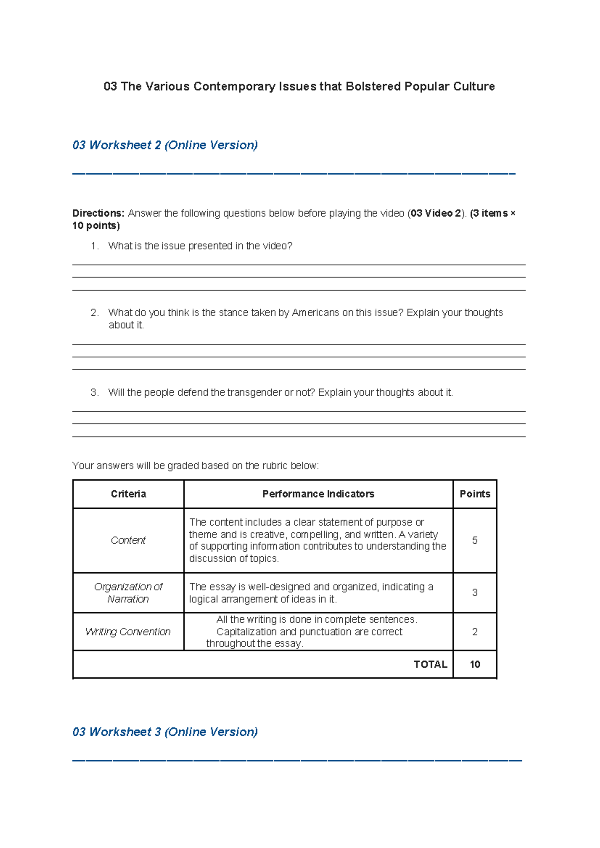 Worksheet Compilation Module 3 03 The Various Contemporary Issues
