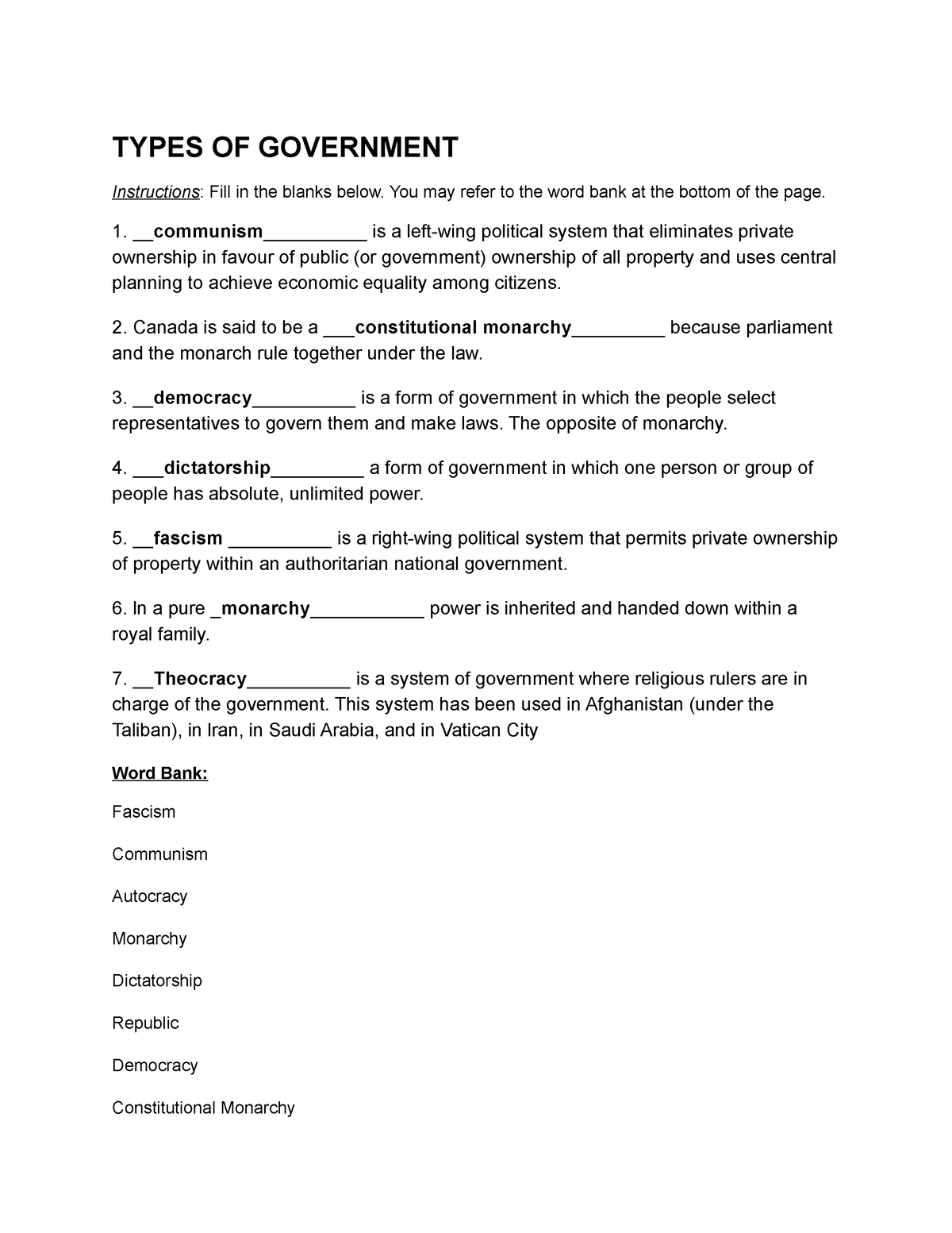 Types OF Government TYPES OF GOVERNMENT Instructions Fill In The 