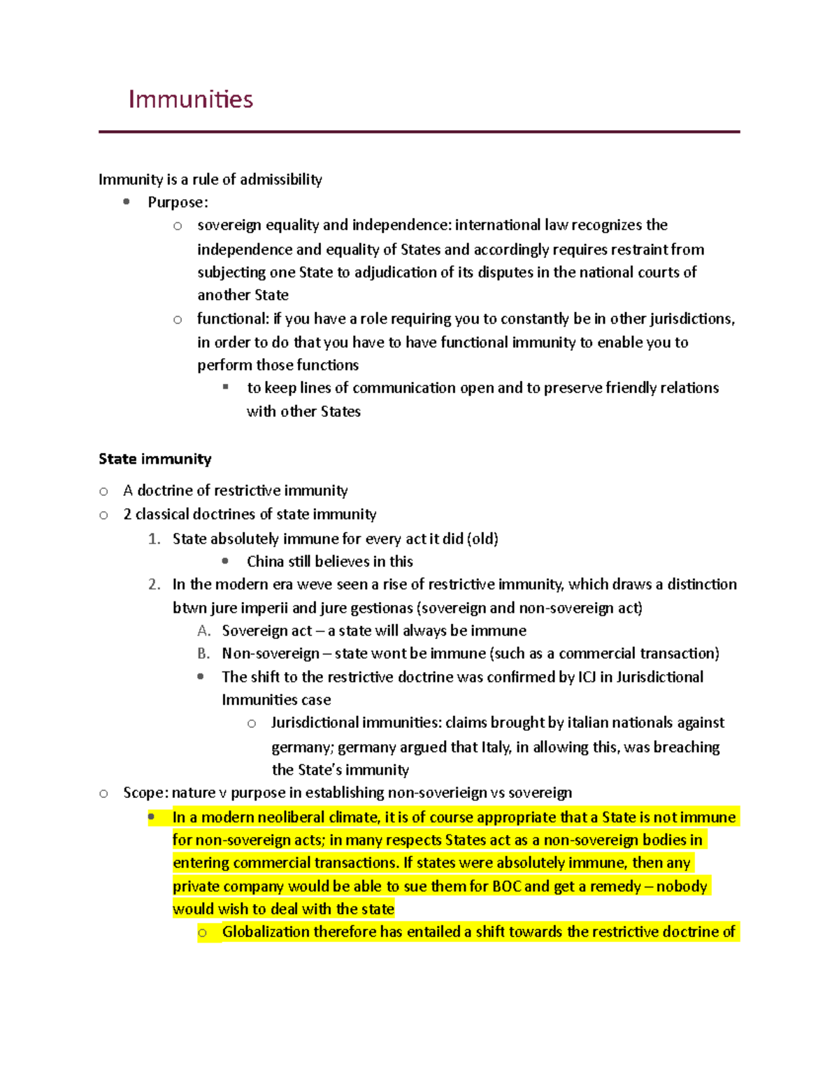 Immunities - Immunities Immunity is a rule of admissibility Purpose: o ...