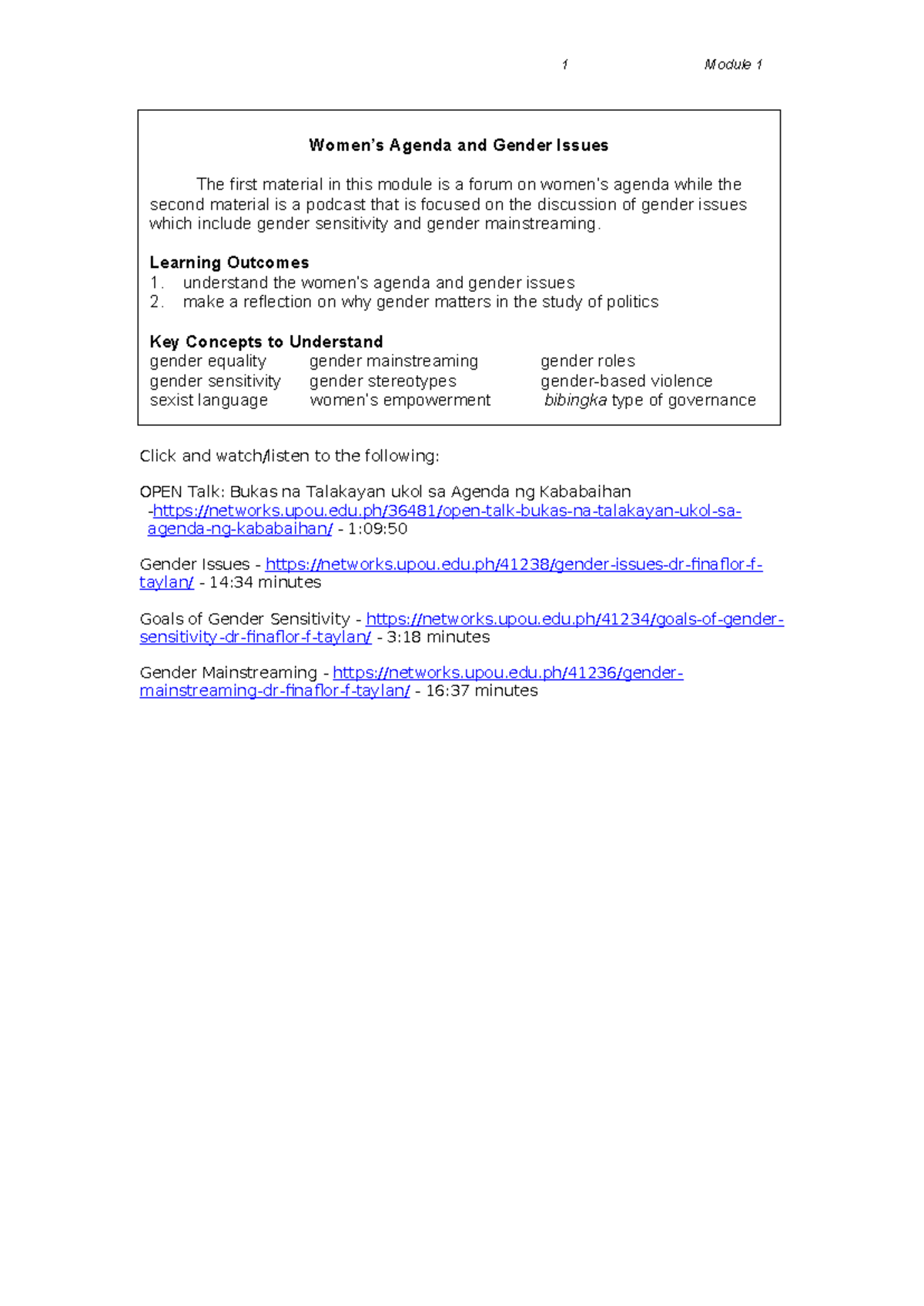 Module 1 Women's Agenda and Gender Issues - 1 Module 1 Click and watch ...