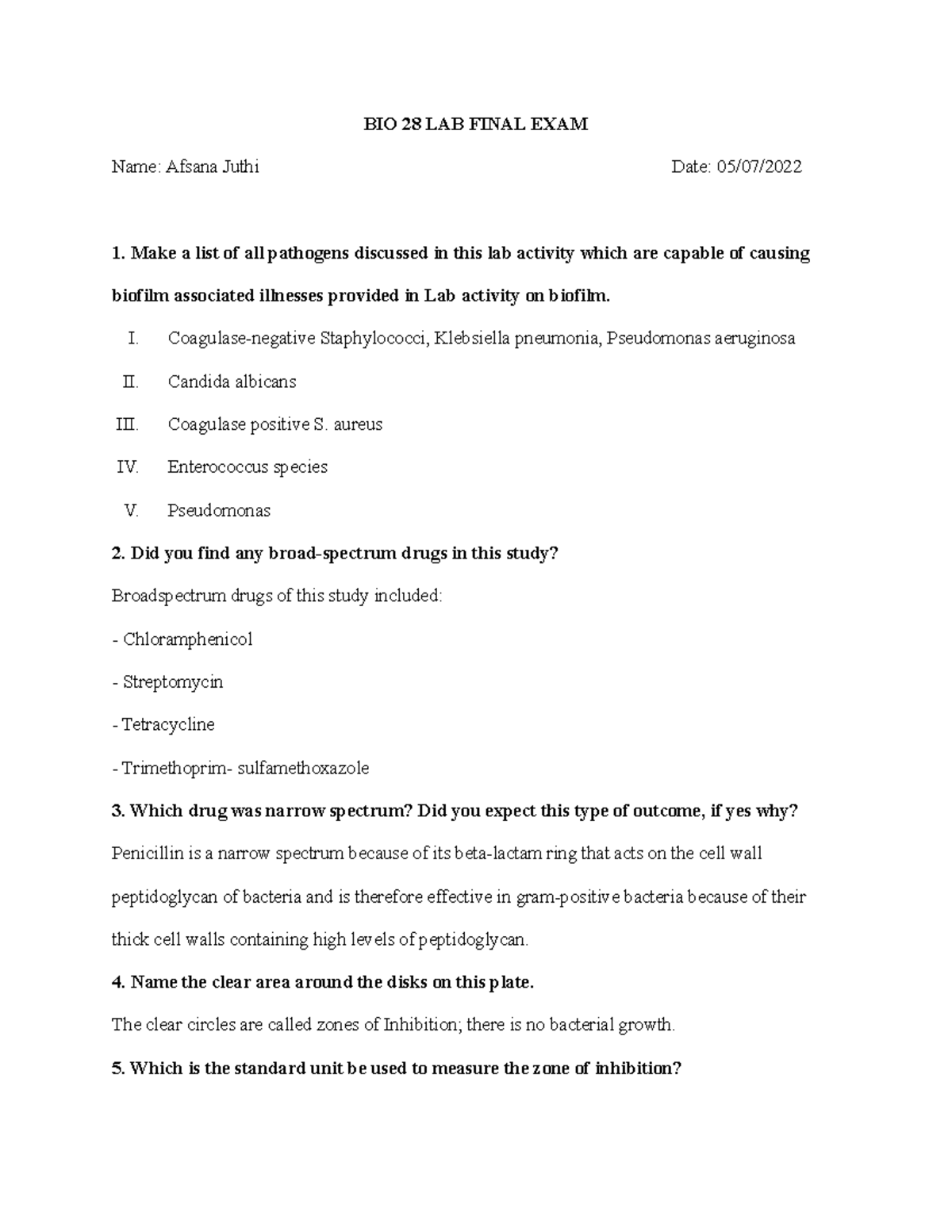 BIO 28 LAB Final EXAM - Exam biology - BIO 28 LAB FINAL EXAM Name ...