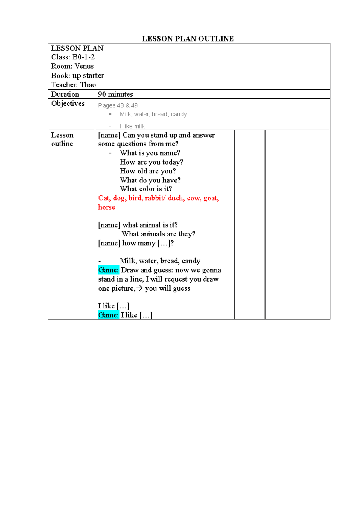 B0-1-2 - make by Thao - LESSON PLAN OUTLINE LESSON PLAN Class: B0-1 ...