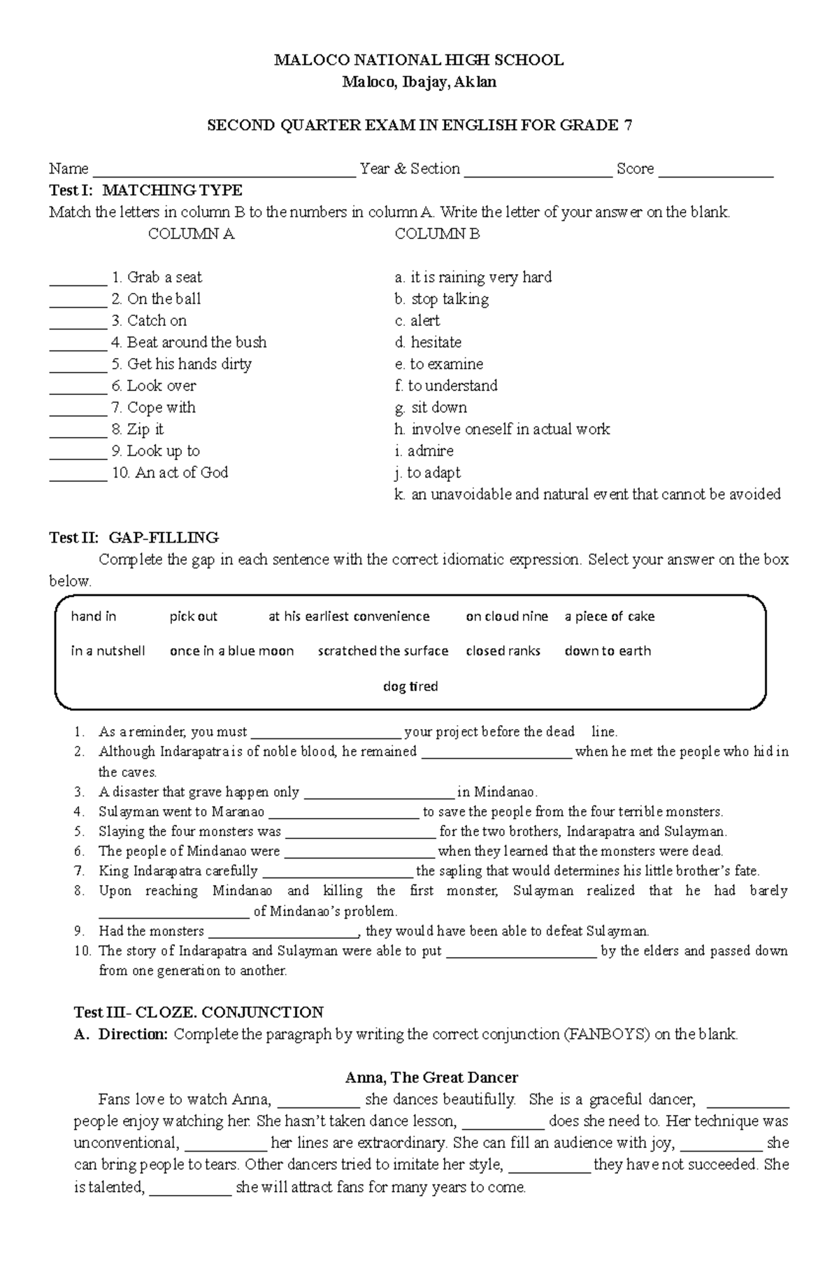 2nd quarter exam grade 7 english