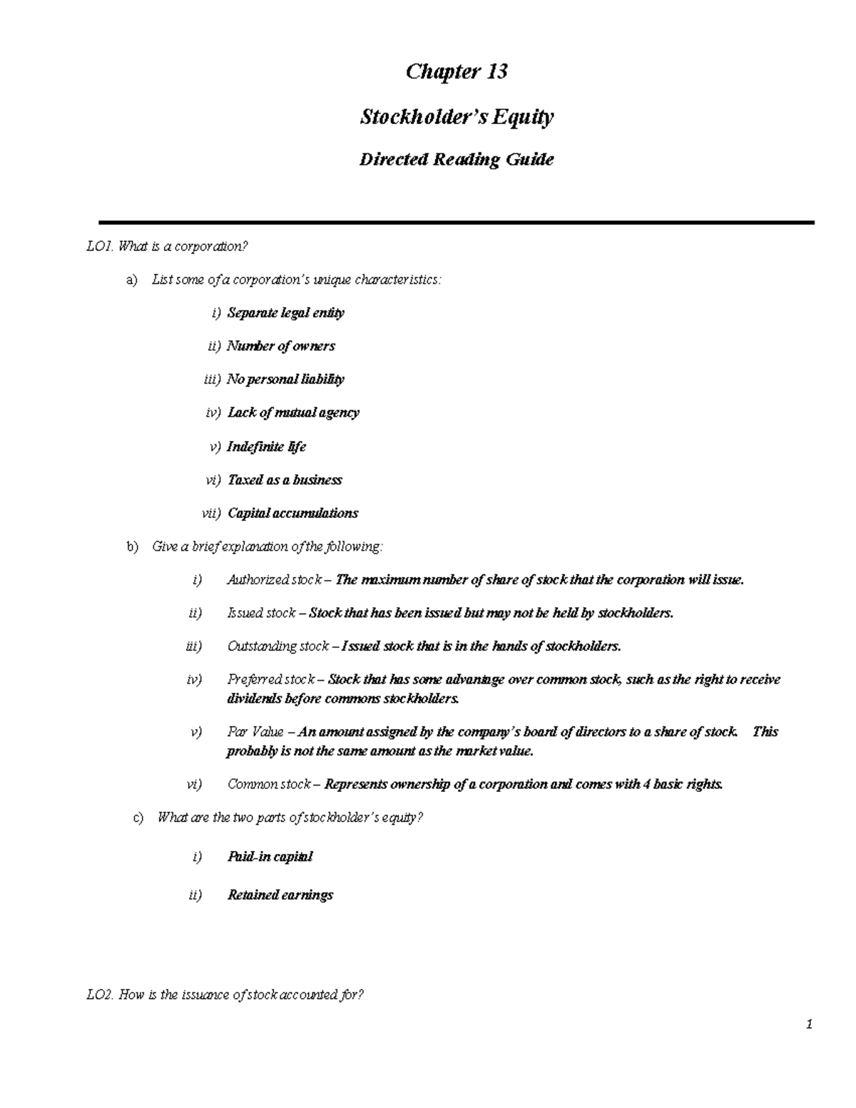 Chapter 13 Stockholder’s Equity Directed Reading Guide What is a