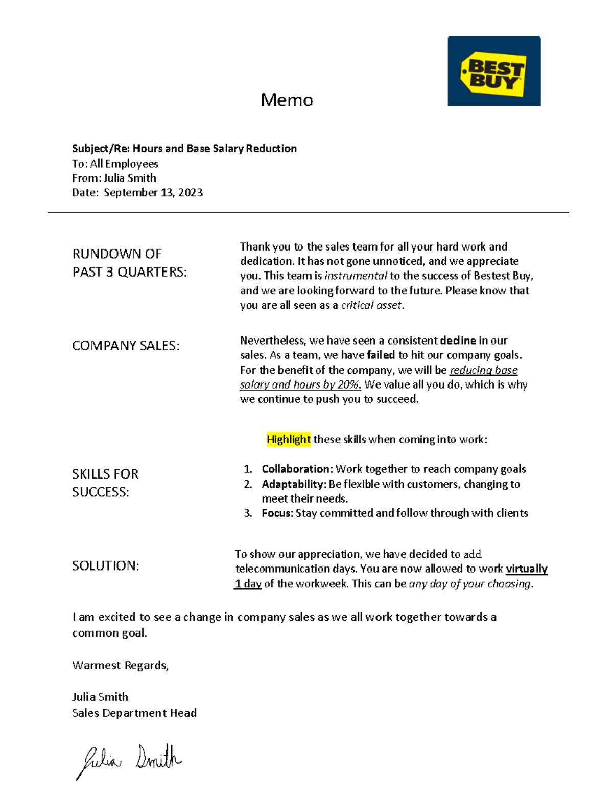 Final Business Messages Corporate Memo Memo Subject/Re Hours and