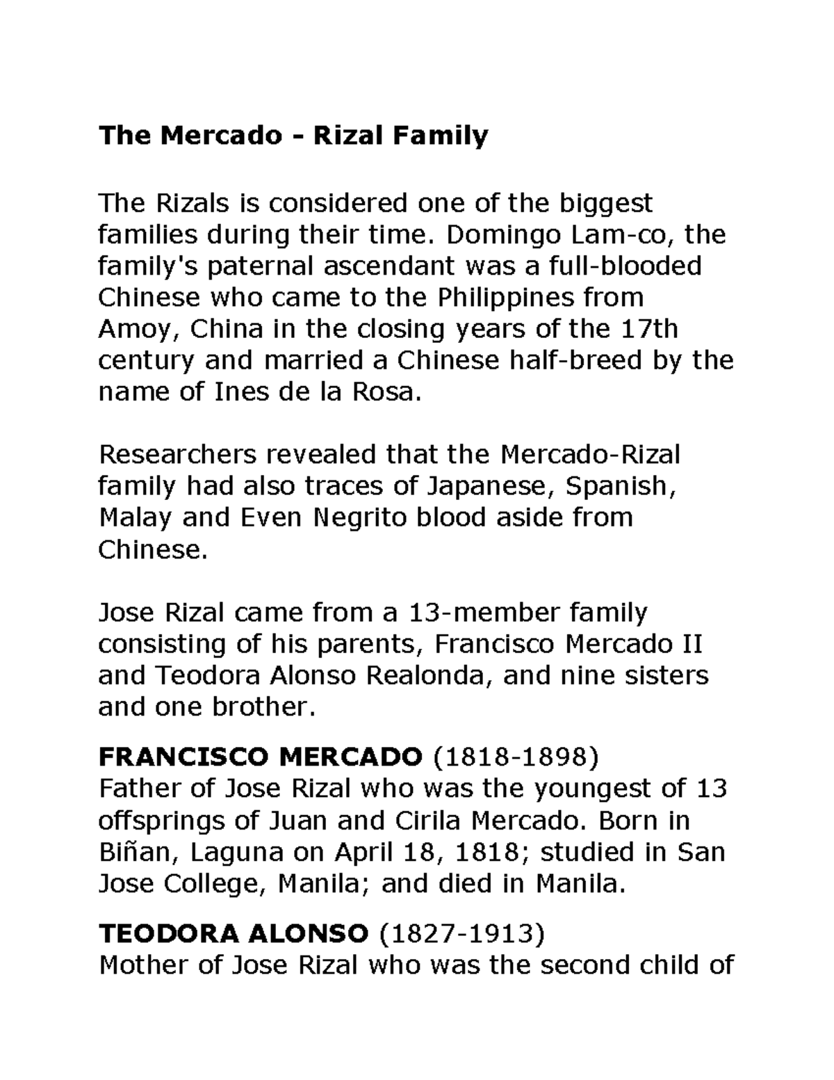 Rizal's Ancestry - The Mercado - Rizal Family The Rizals is considered ...