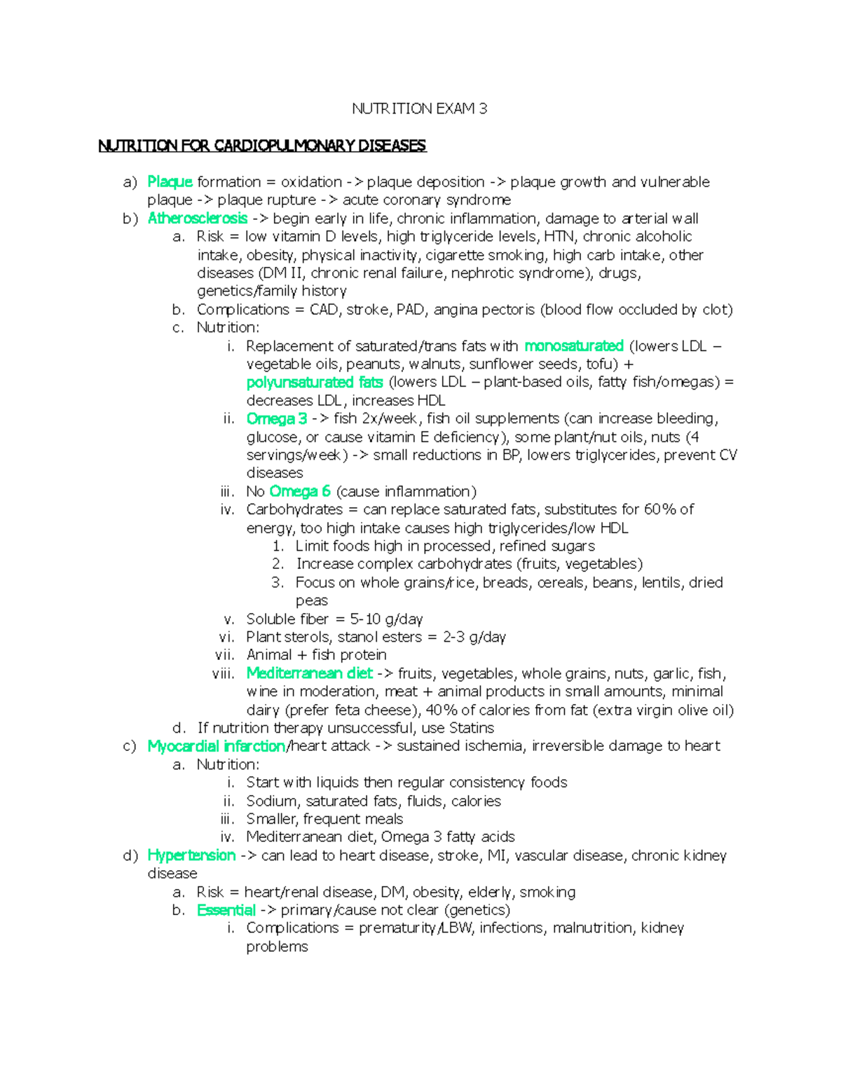 Nutrition exam 3 - NUTRITION EXAM 3 NUTRITION FOR CARDIOPULMONARY