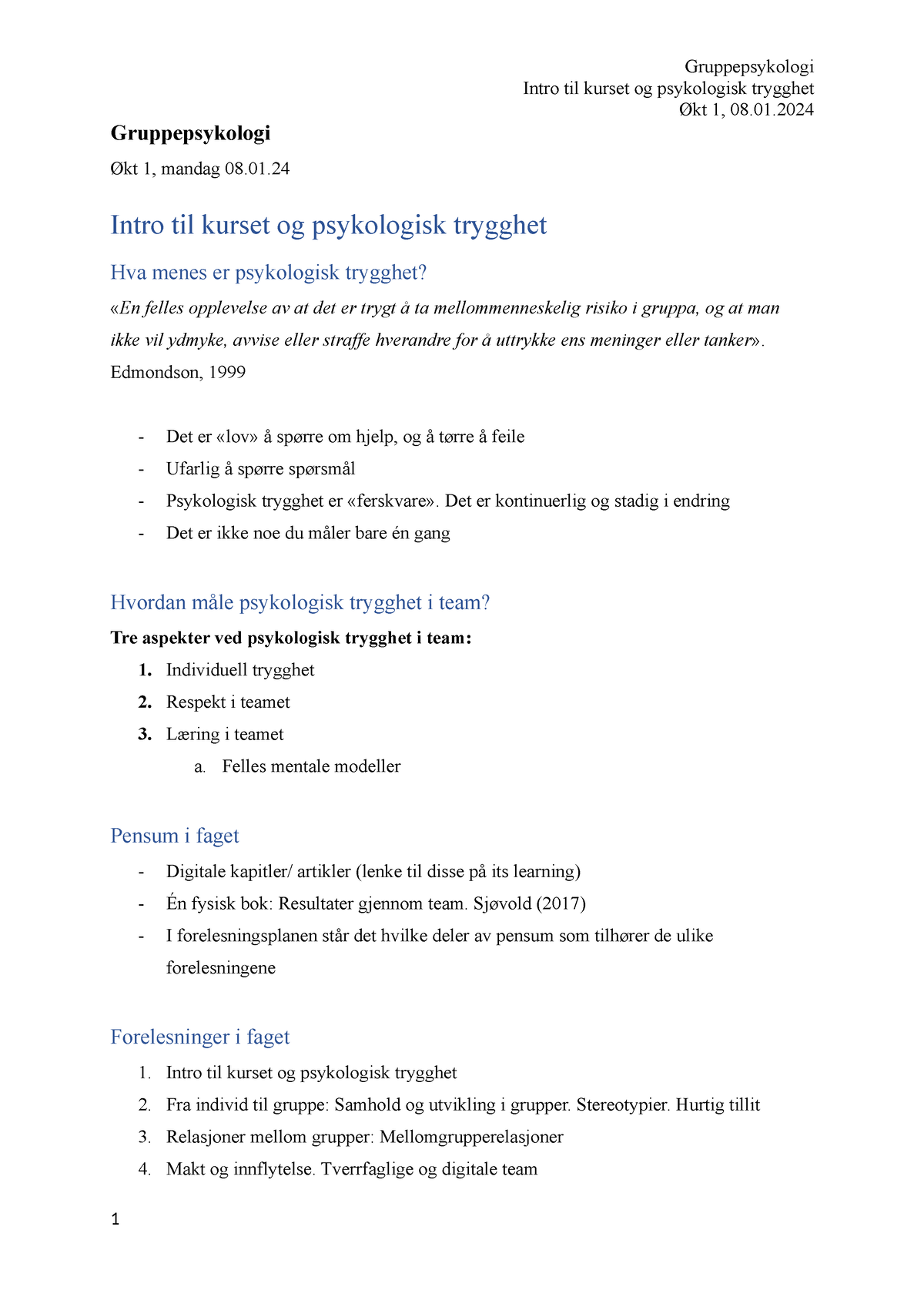 Økt 1 Intro Og Psykologisk Trygghet - Gruppepsykologi Intro Til Kurset ...