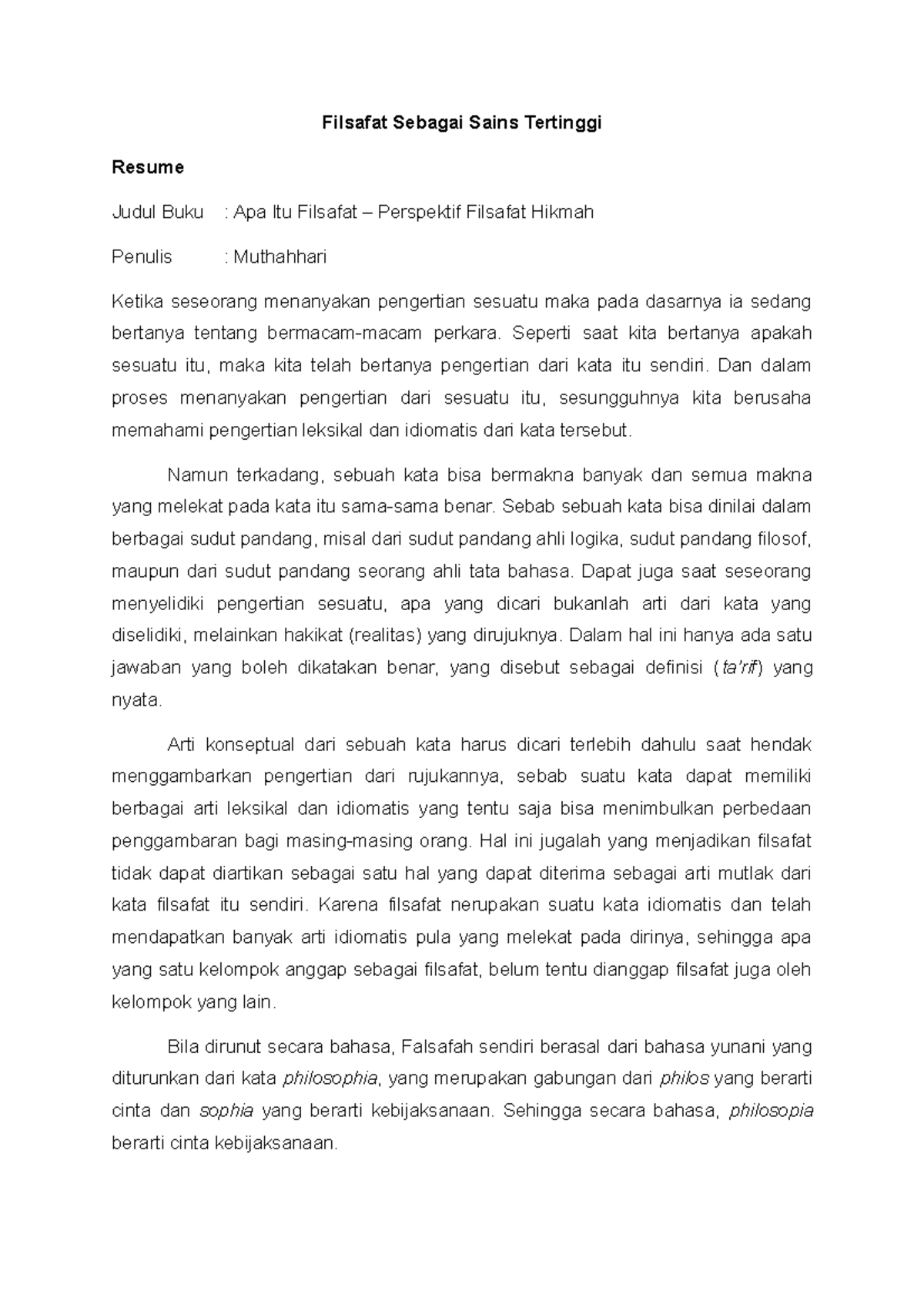 Resume Filsafat Sebagai Sains Tertinggi Filsafat Sebagai Sains