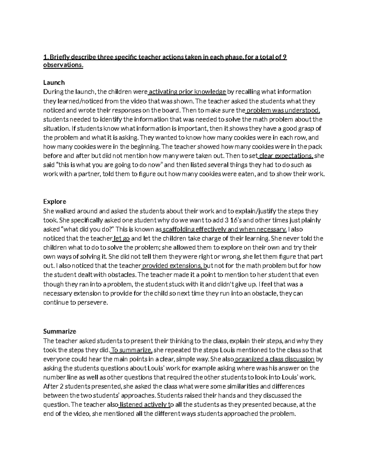 Math Journal #1 - Briefly describe three specific teacher actions taken ...