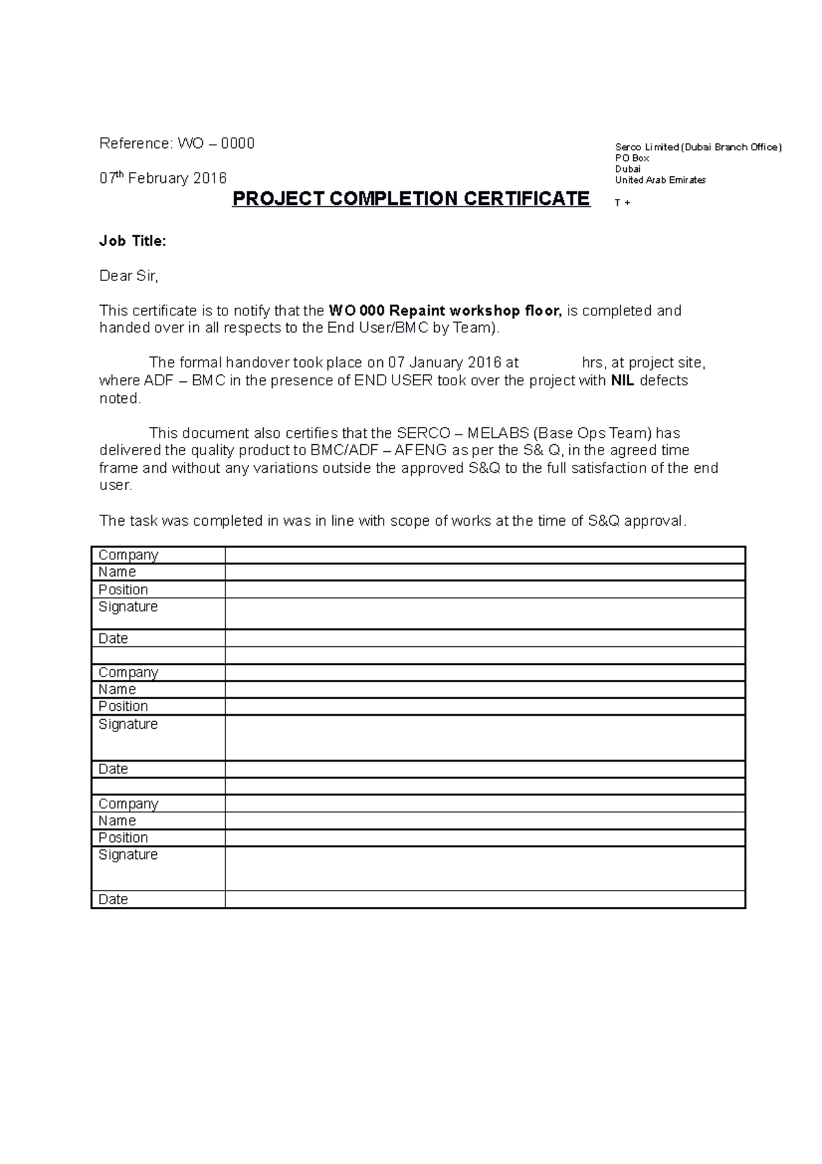 Project Completion Certificate - Reference: WO – 0000 07 th February ...