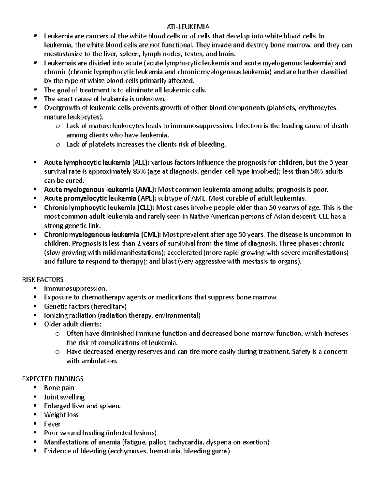 ATI-Leukemia - group work notes. - ATI-LEUKEMIA Leukemia are cancers of ...