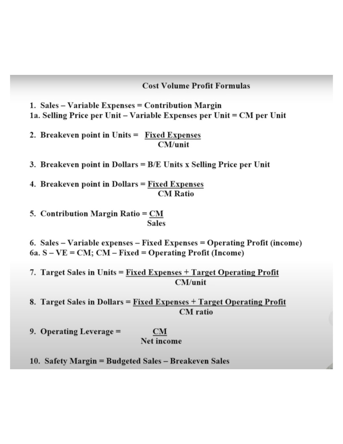 CVP Analysis Formulas - Acct3230 - Studocu