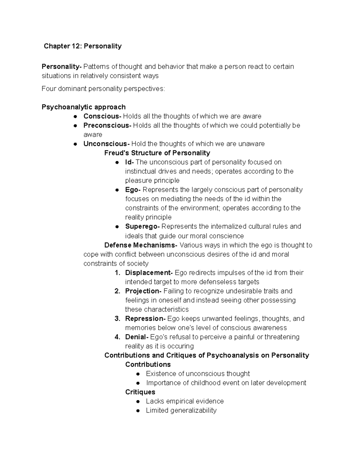 Psych 100 Chapter 12 Notes - Chapter 12: Personality Personality ...