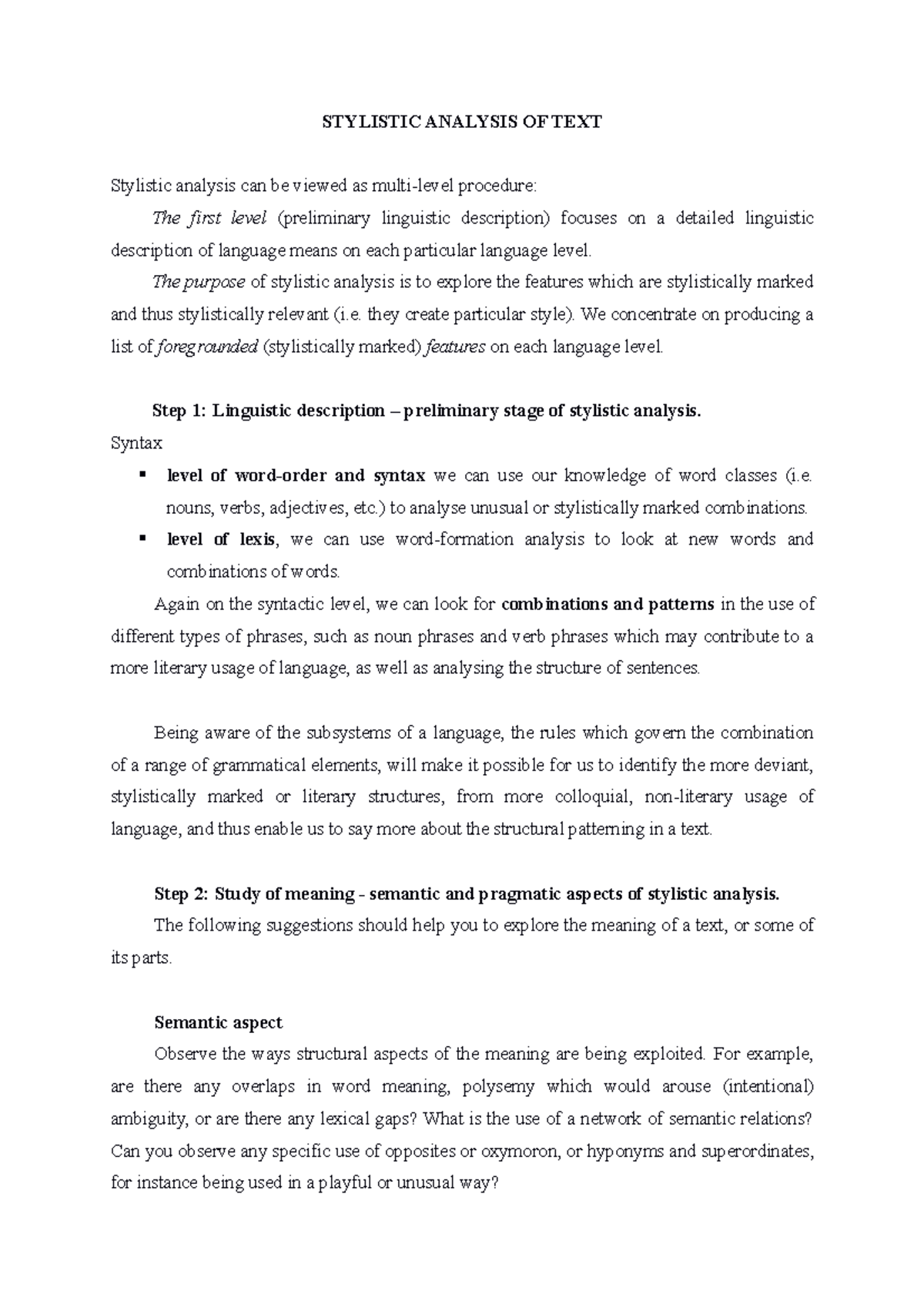 Stylistic Analysis OF TEXT 2021 - STYLISTIC ANALYSIS OF TEXT Stylistic ...