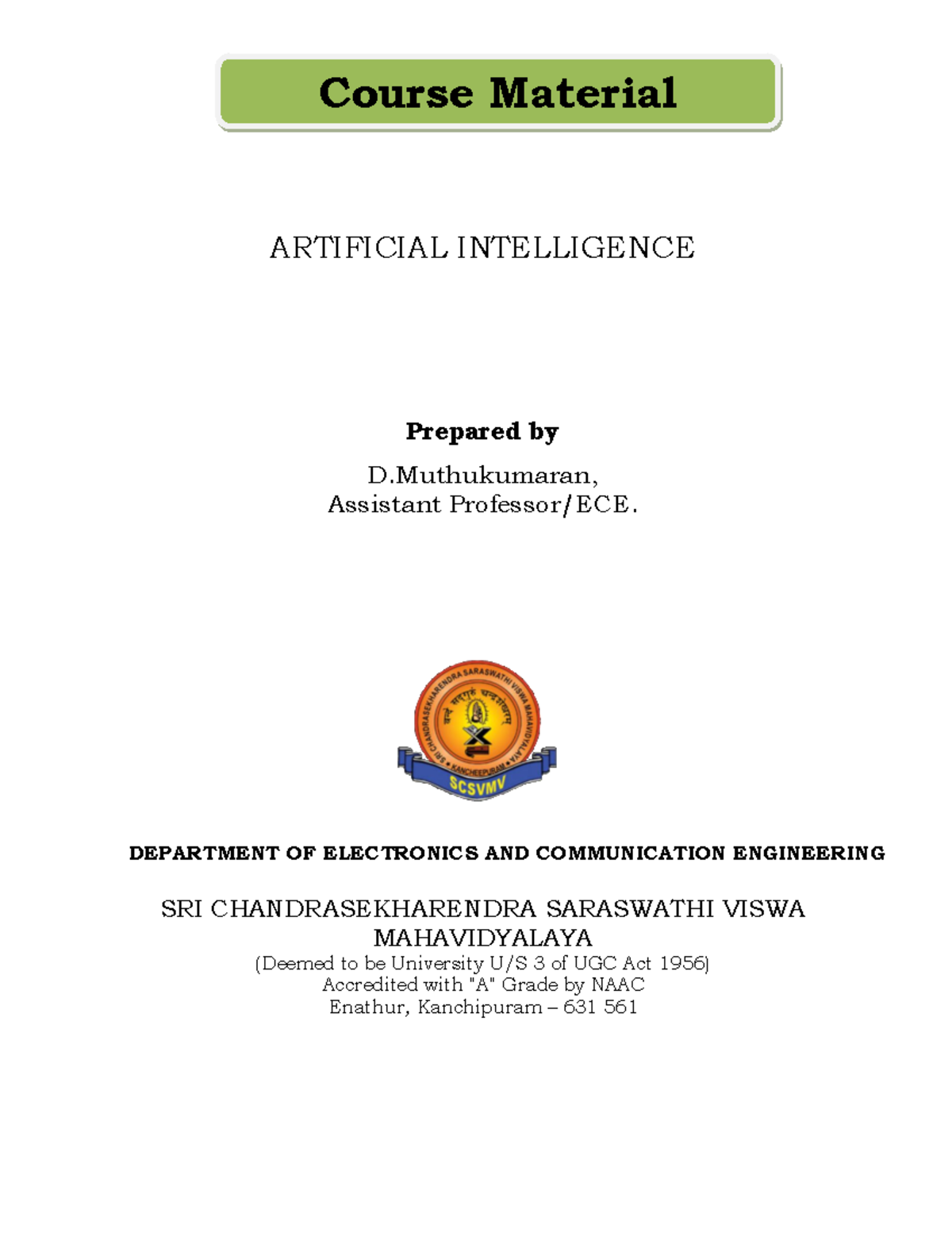 Artificial Intelligence Notes Artificial Intelligence Prepared By D