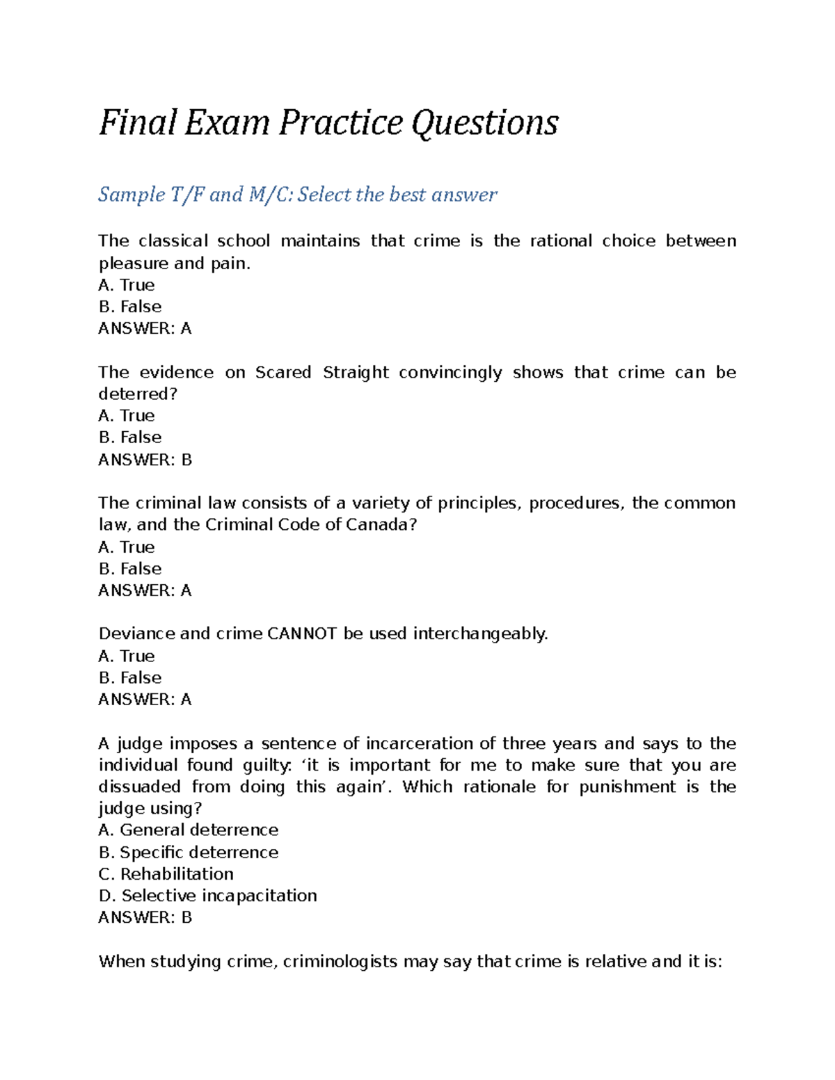 2020 Practice Questions - Final Exam Practice Questions Sample T/F and ...