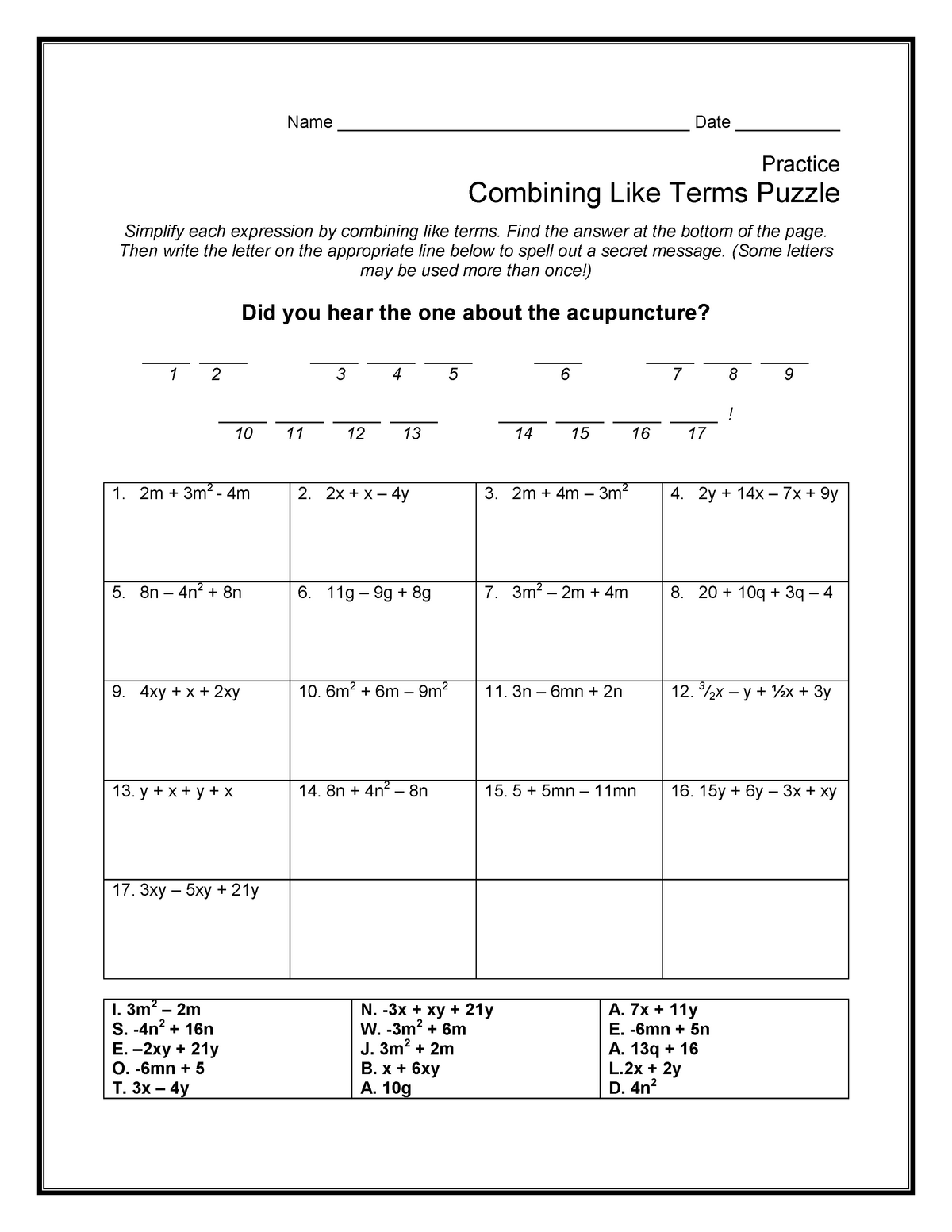 20 - Combining Like Terms Puzzle - Name Date ______ - StuDocu For Combining Like Terms Practice Worksheet