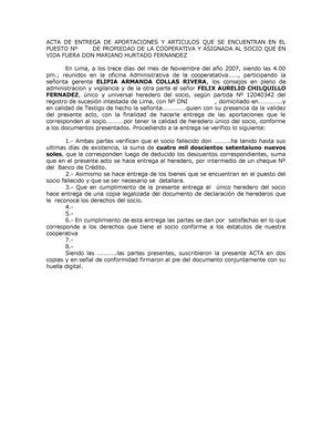 ACTA DE Entrega DE Aportaciones- Cooperativa - ACTA DE ENTREGA DE  APORTACIONES Y ARTICULOS QUE SE - Studocu