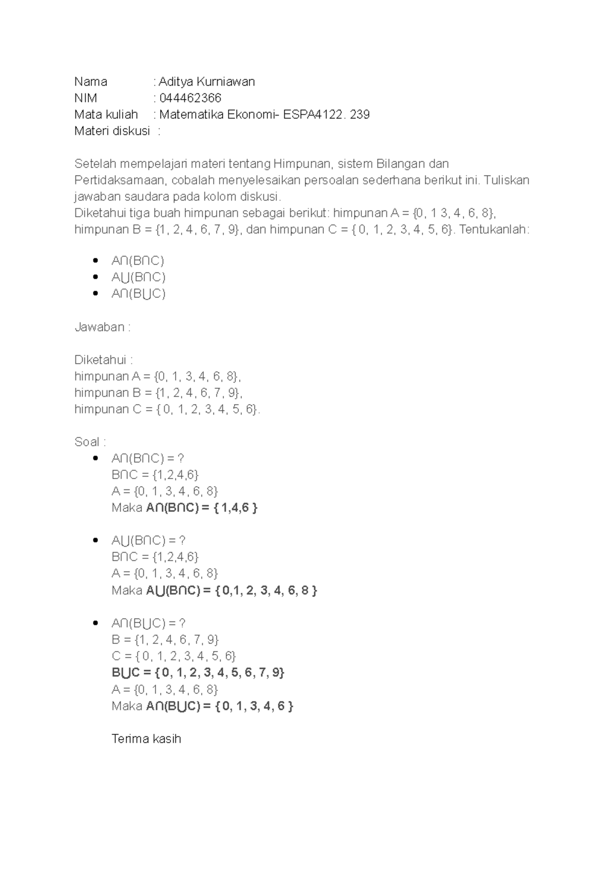 DIskusi 1 - Grade: A - Matematika Ekonomi - Studocu