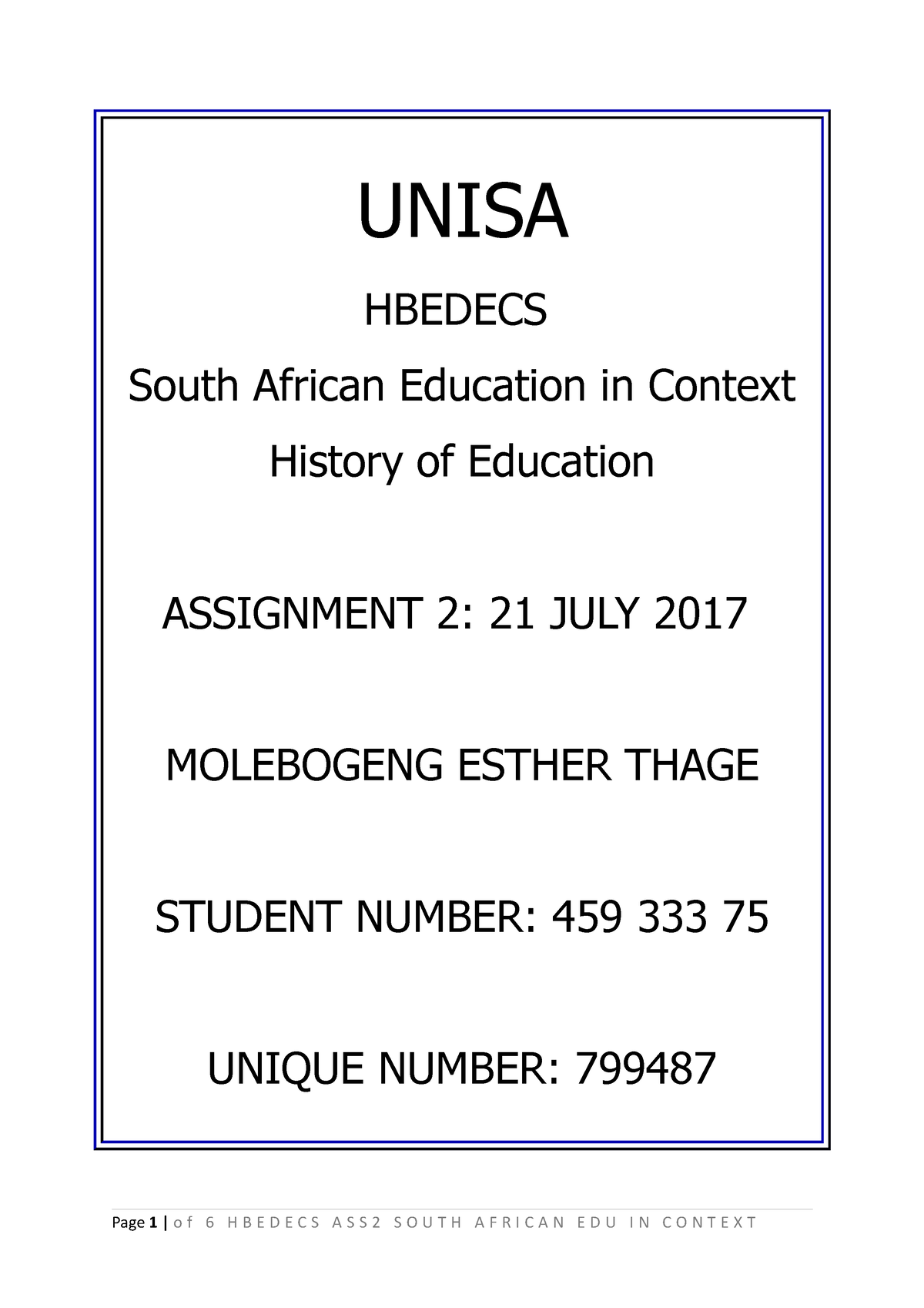 Unisa Assignment 2 History of Edu Hbedec UNISA HBEDECS South African