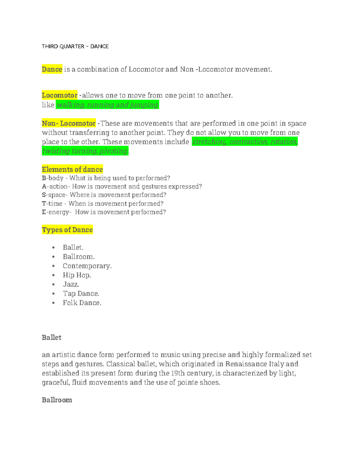 Dance-Quarter-3 - THIRD QUARTER – DANCE Dance is a combination of ...