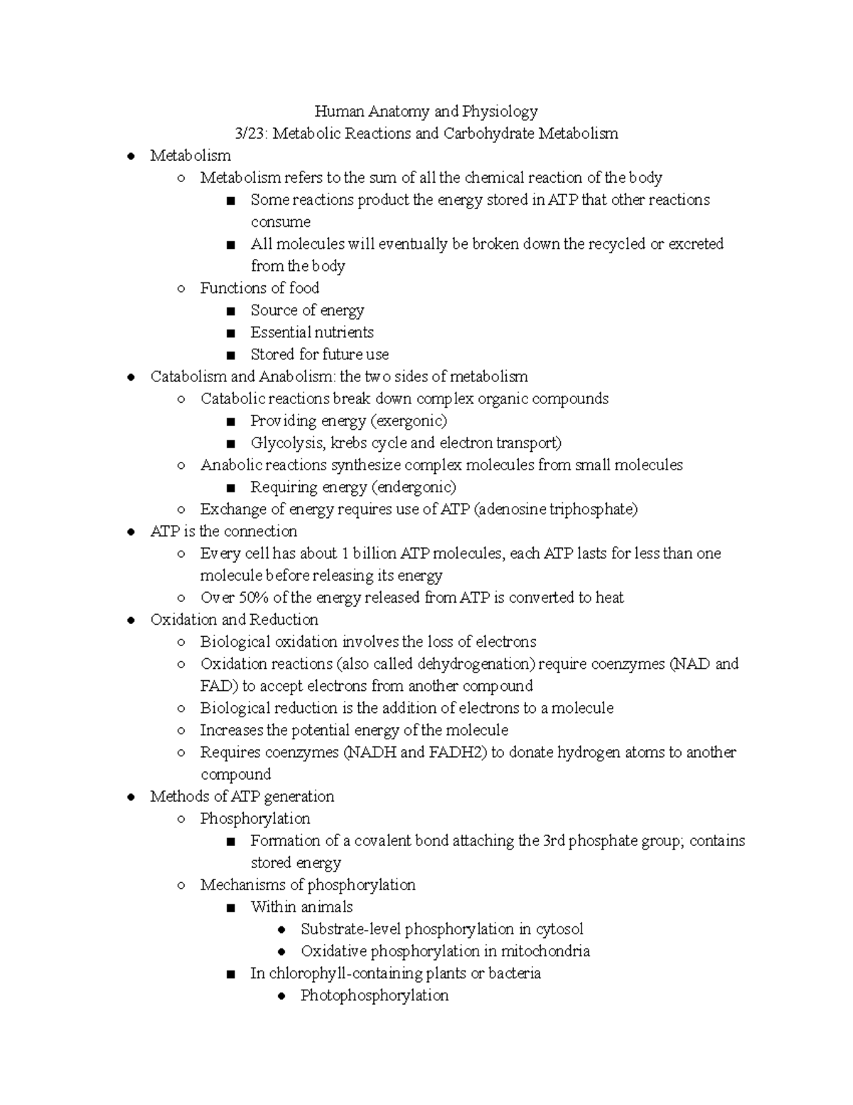 Metabolic Reactions And Carbohydrate Metabolism Lecture Notes Human Anatomy And Physiology