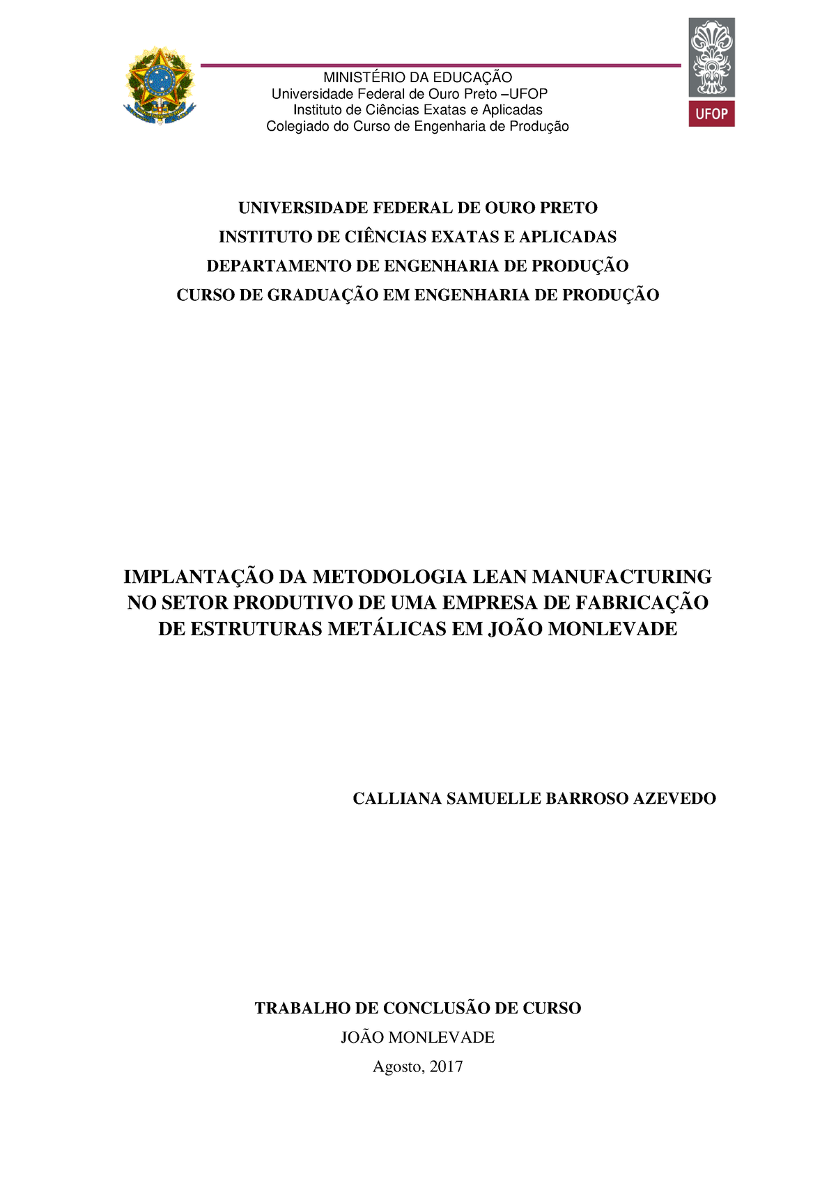 Monografia Implantação Metodologia Lean MinistÉrio Da EducaÇÃo Universidade Federal De Ouro 7567