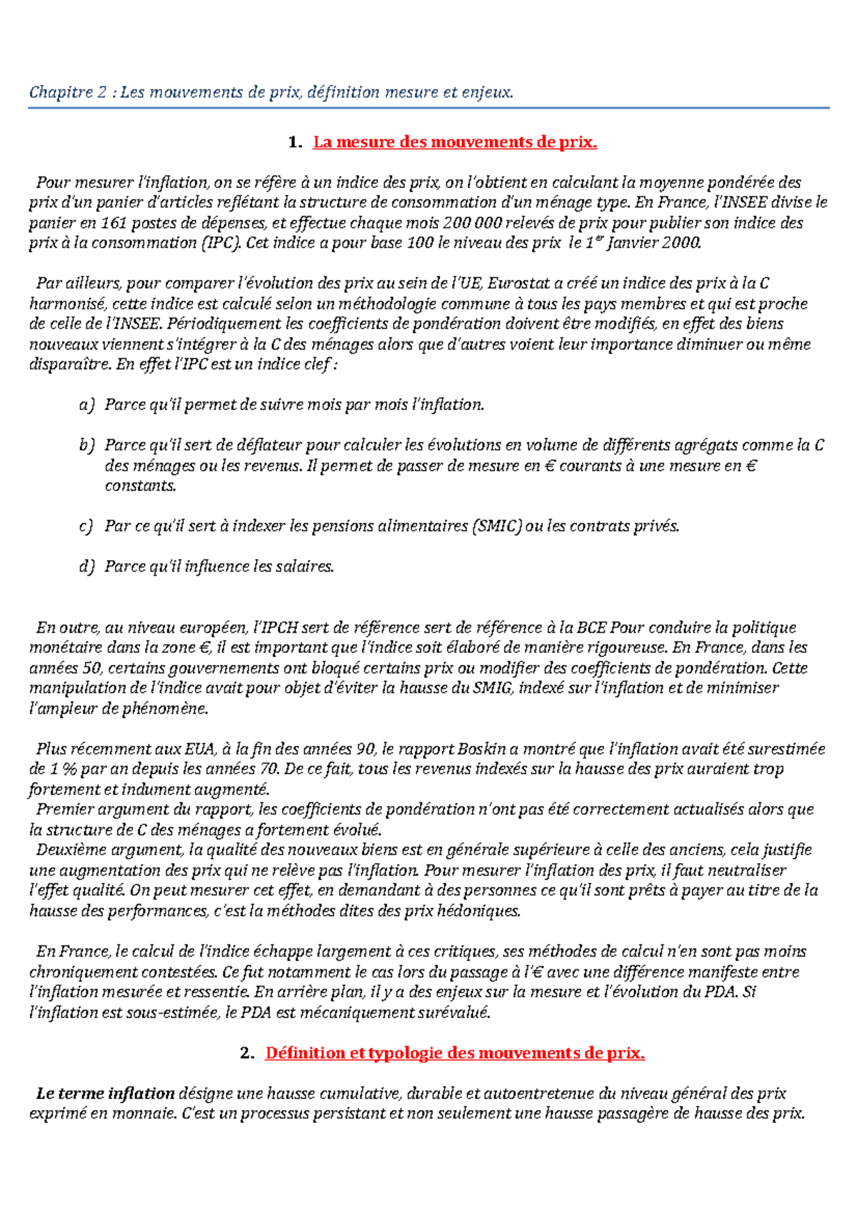 Chapitre 2 Les mouvements de prix, définition mesure et enjeux