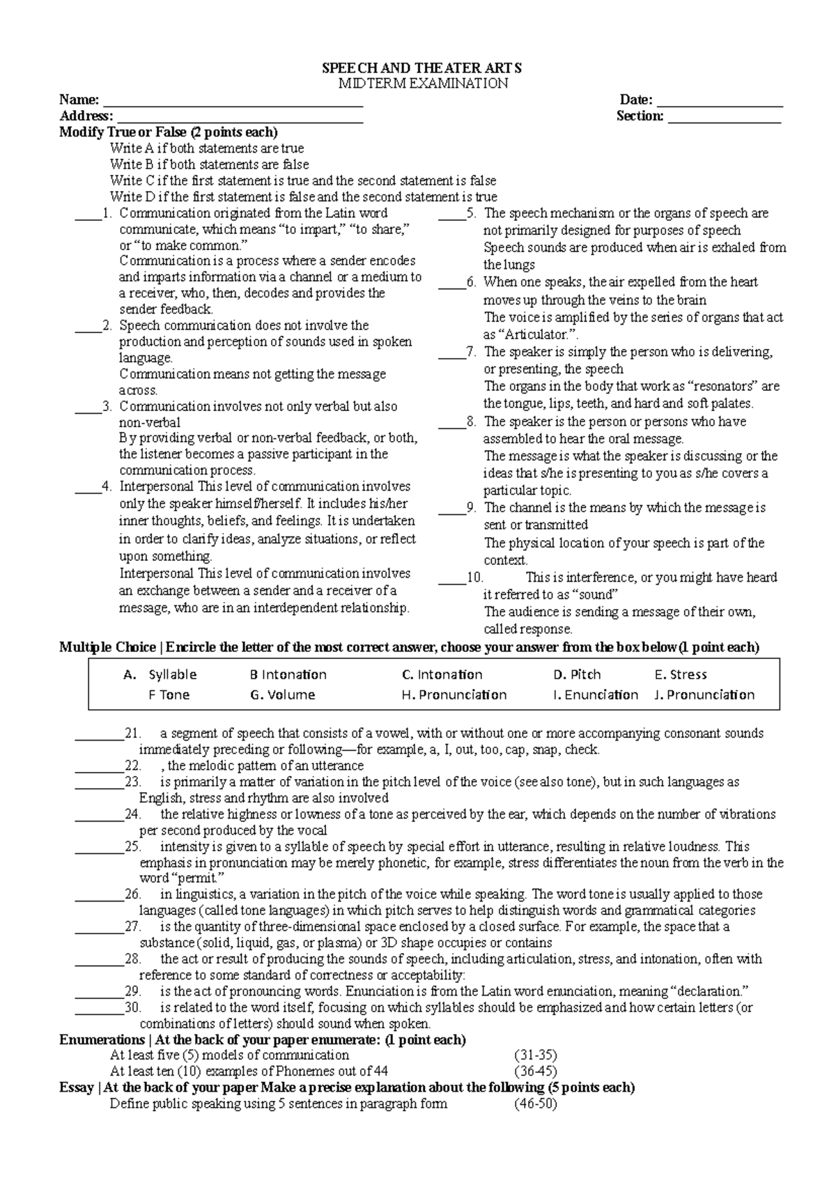 Speech And Theater Arts Examination - Speech And Theater Arts Midterm 