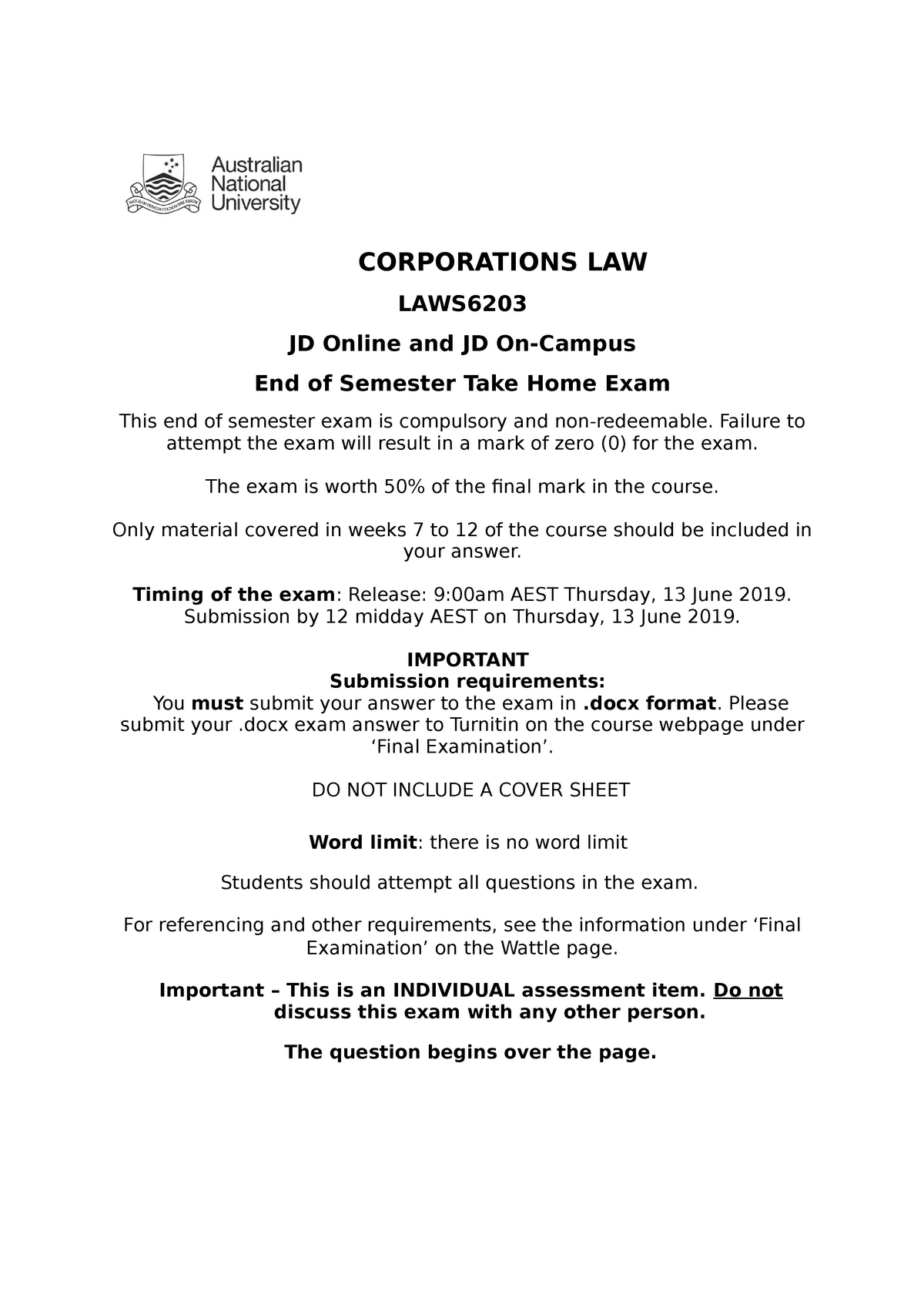 Final Exam 13 June 2019, questions CORPORATIONS LAW LAWS JD Online and Sns-Brigh10