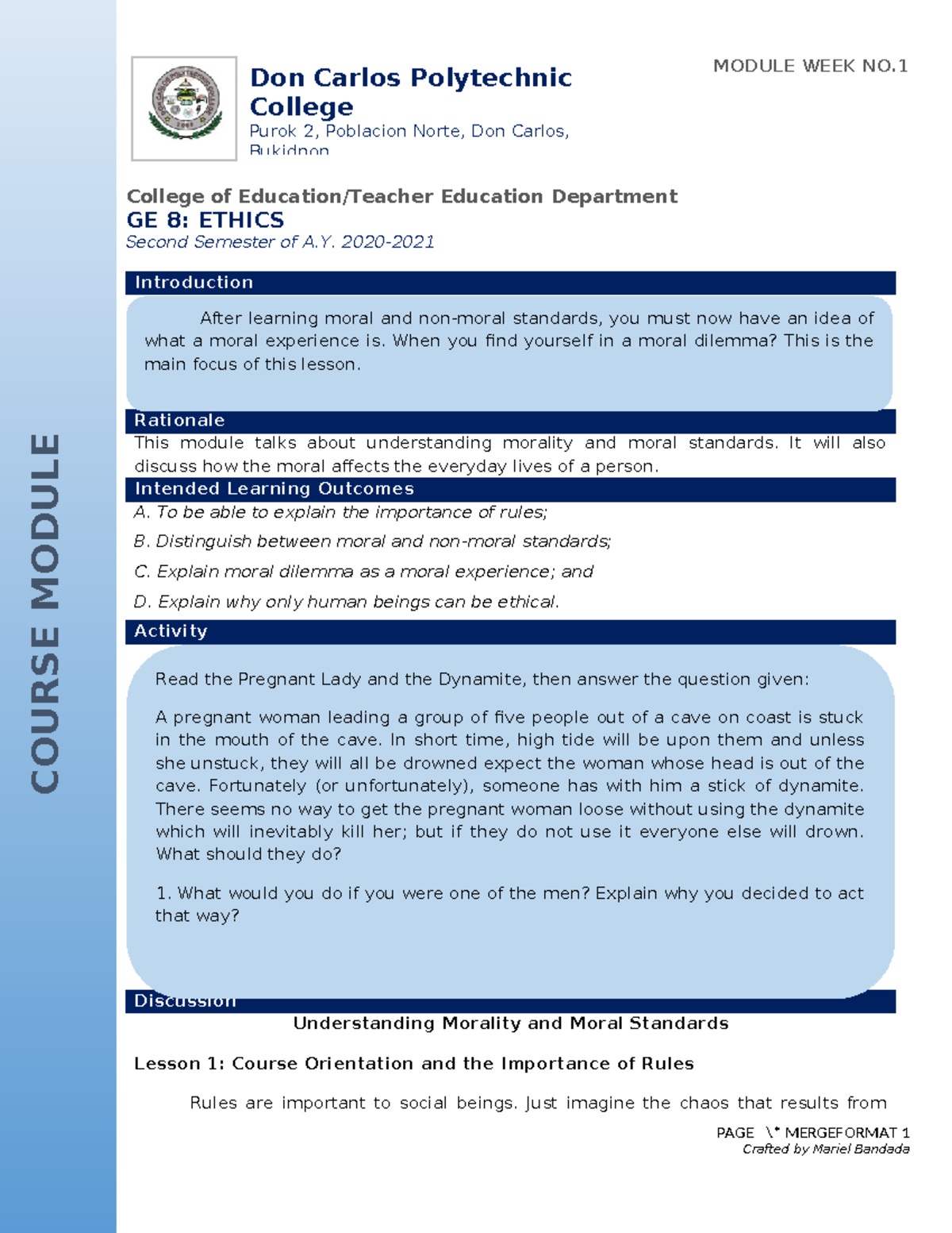 Module 1 T - studies - COURSE MODULE College of Education/Teacher ...