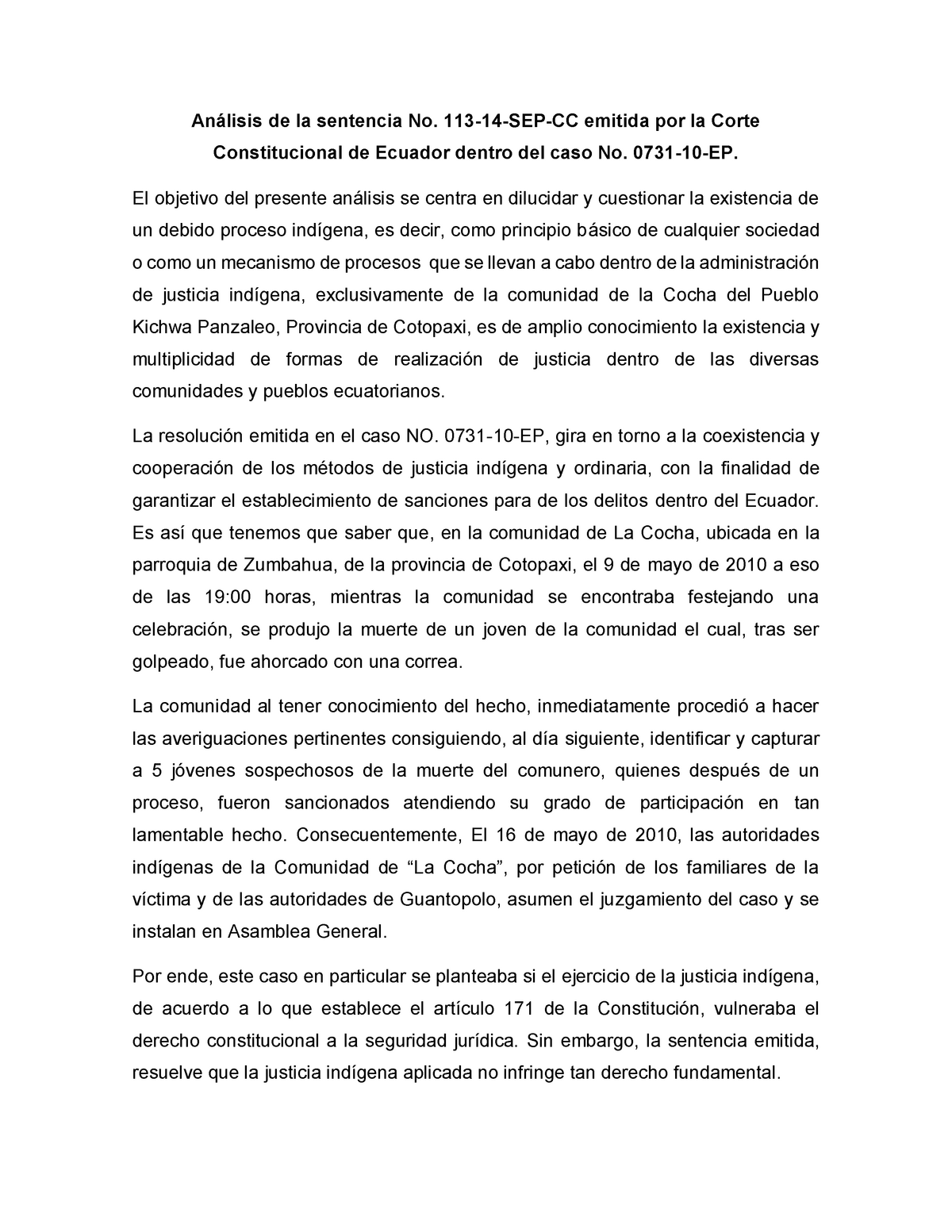 Análisis de la sentencia No - 113- 14 -SEP-CC emitida por la Corte ...