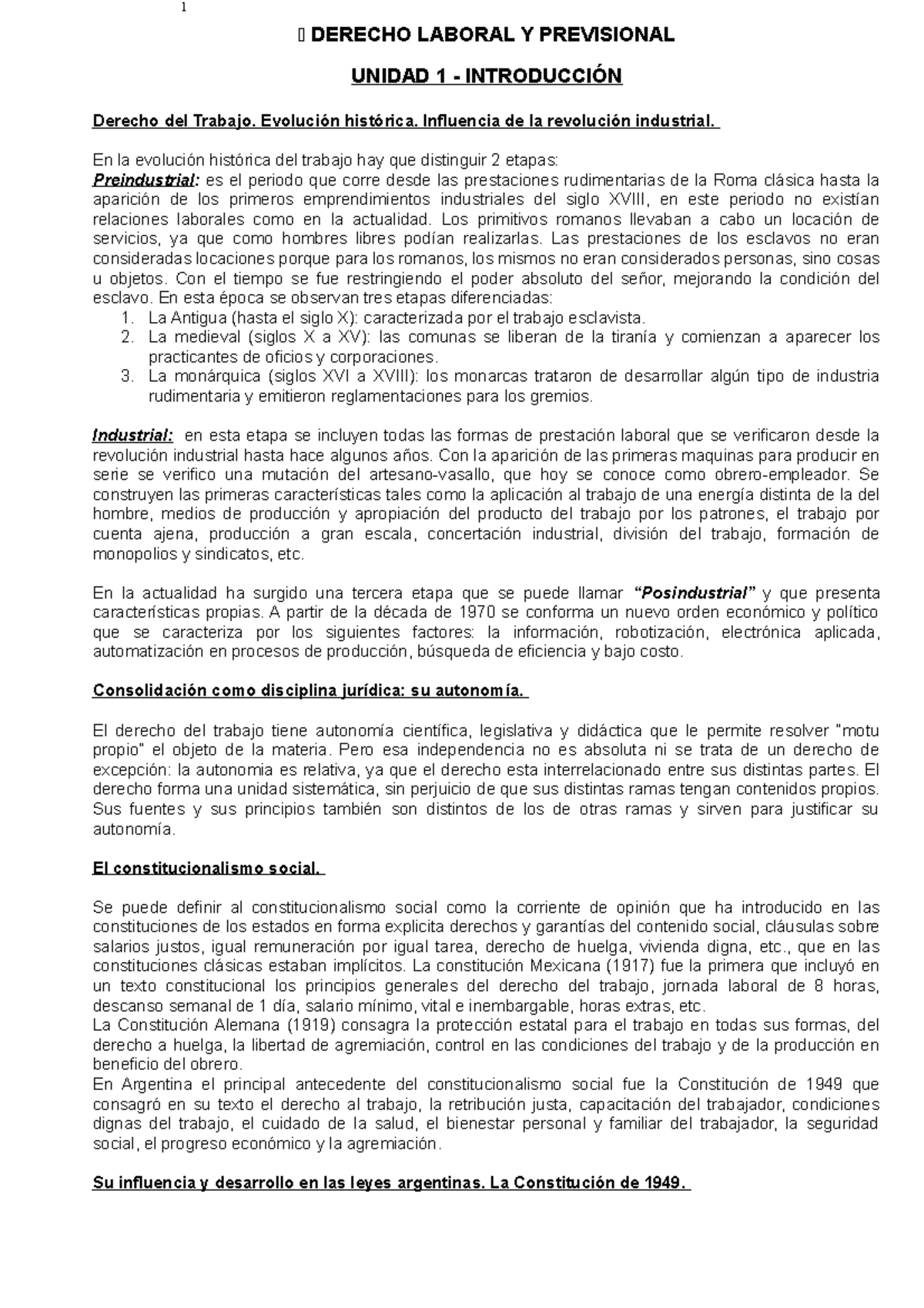 Primer Parcial - resumen - DERECHO LABORAL Y PREVISIONAL UNIDAD 1 ...