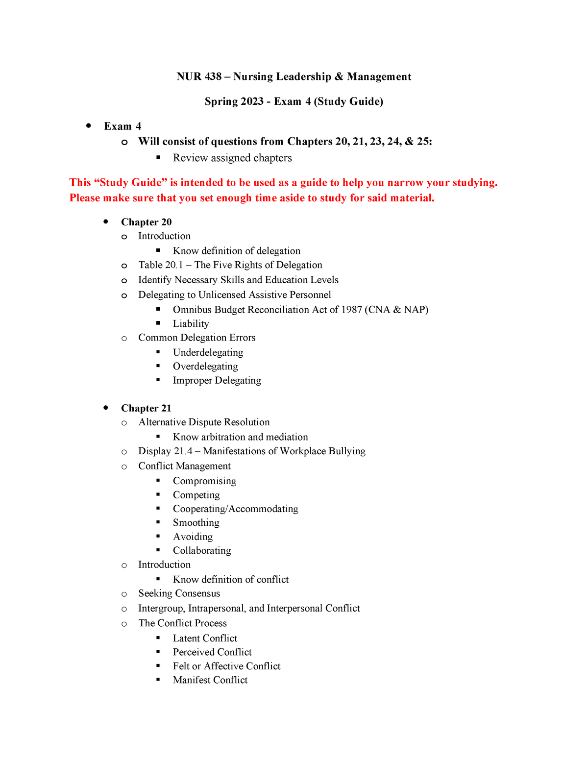 NUR 438 Exam 4 Study Guide - NUR 438 – Nursing Leadership & Management ...