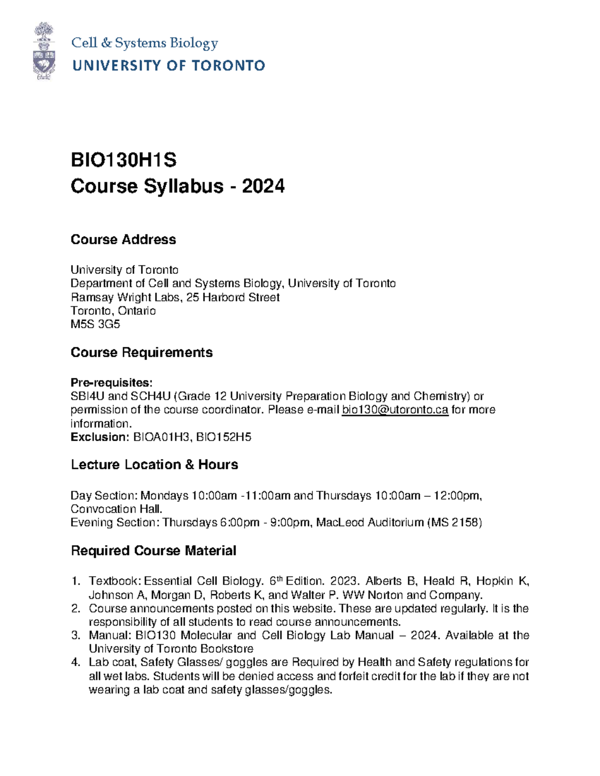 BIO130 Course Syllabus 2024 - Cell & Systems Biology UNIVERSITY OF ...