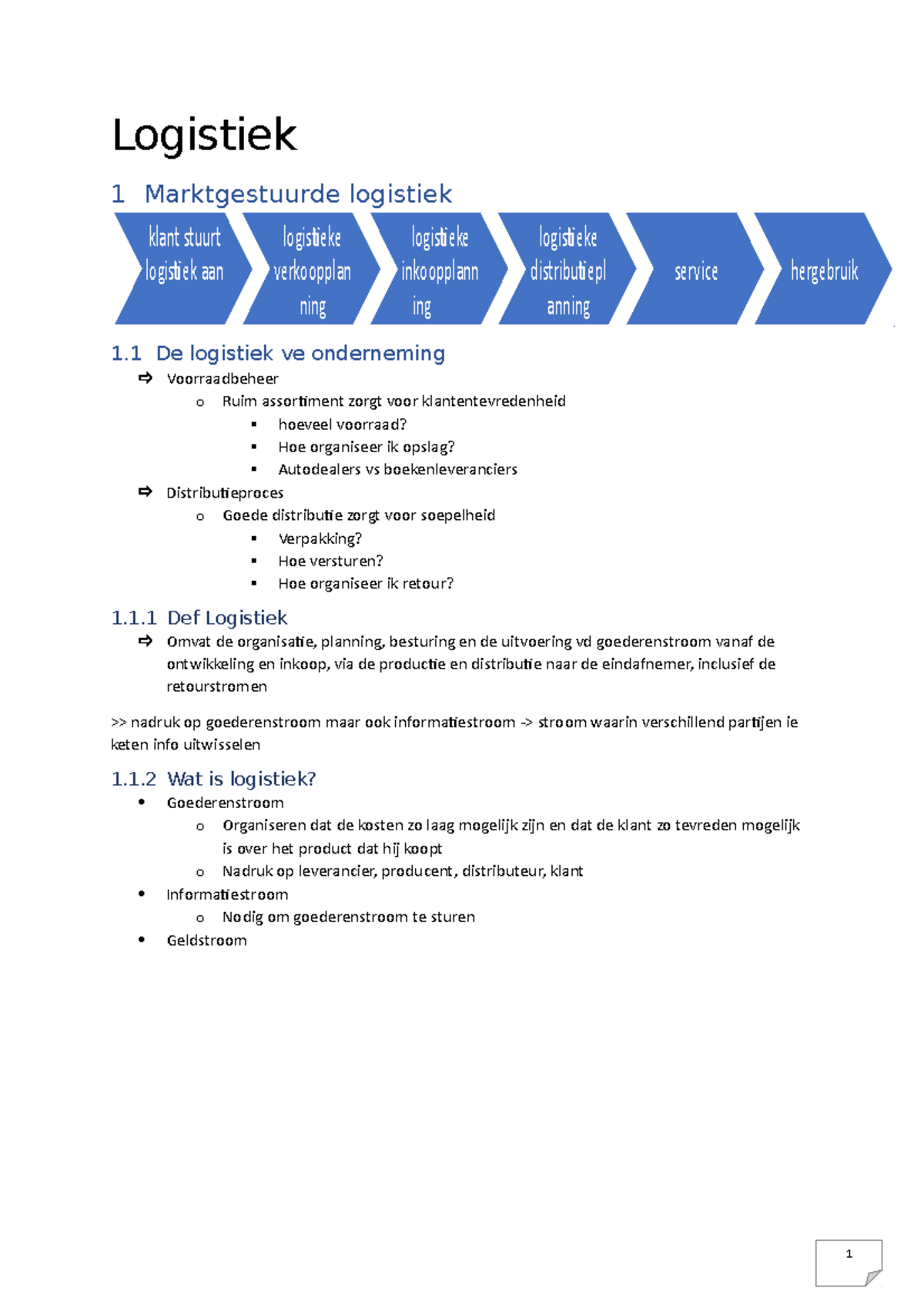 Samenvatting-Logistiek - Logistiek 1 Marktgestuurde Logistiek 1 De ...