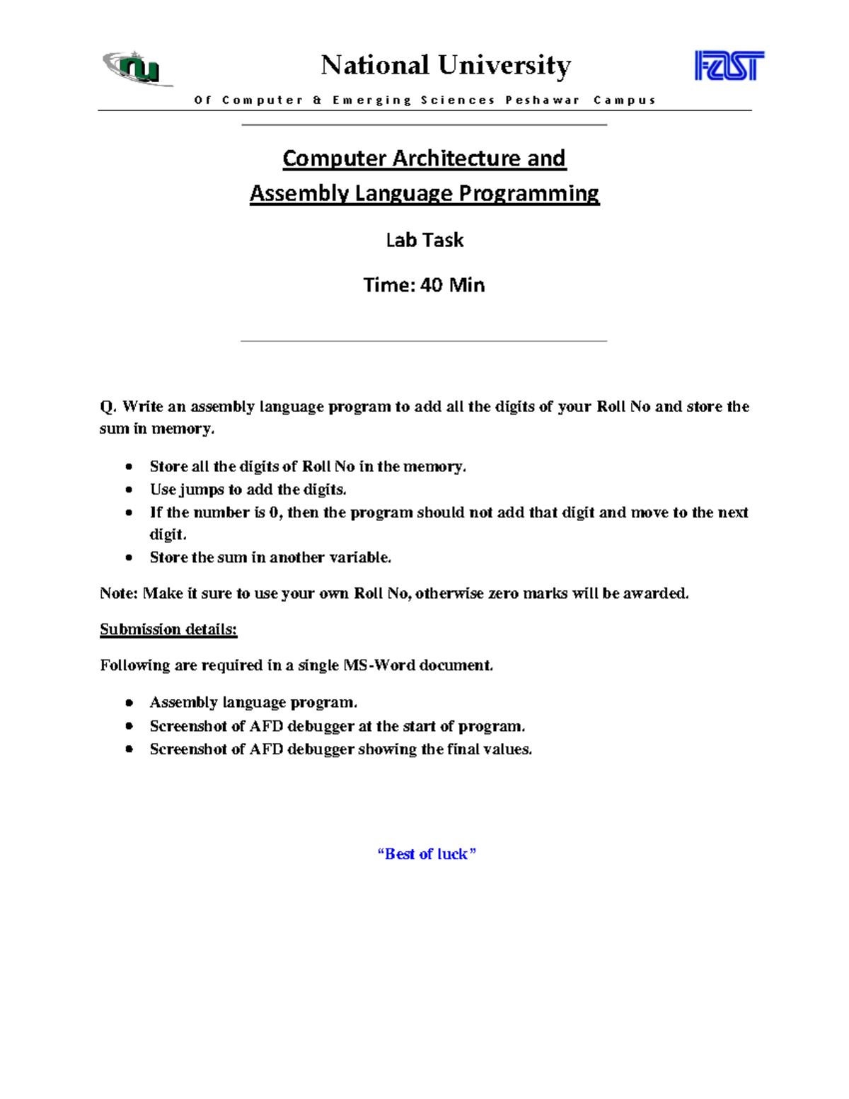 Lab 4 Task pdf - asdfghjk - National University O f C o m p u t e r & E ...