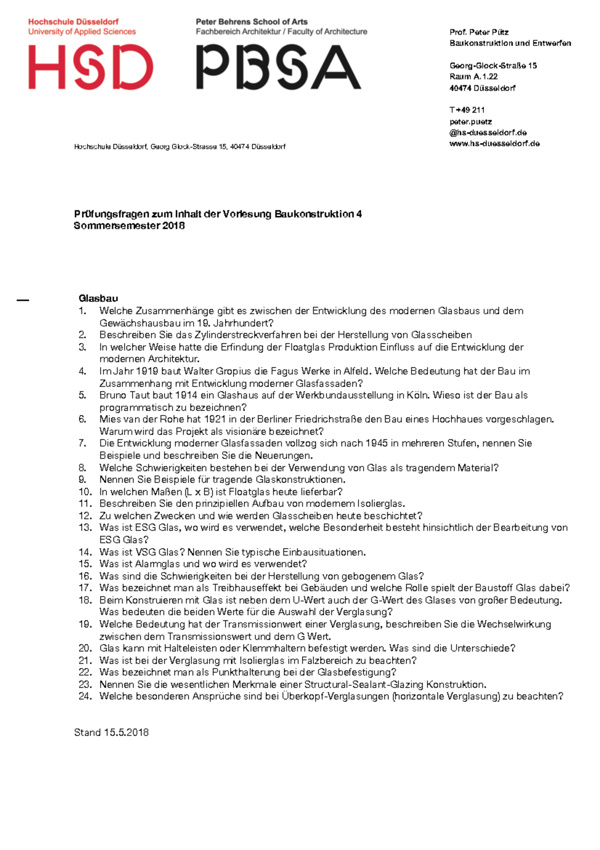 Teil 1 Prüfungsfragen BA4 VL SS18 Prof. Peter Pütz Baukonstruktion
