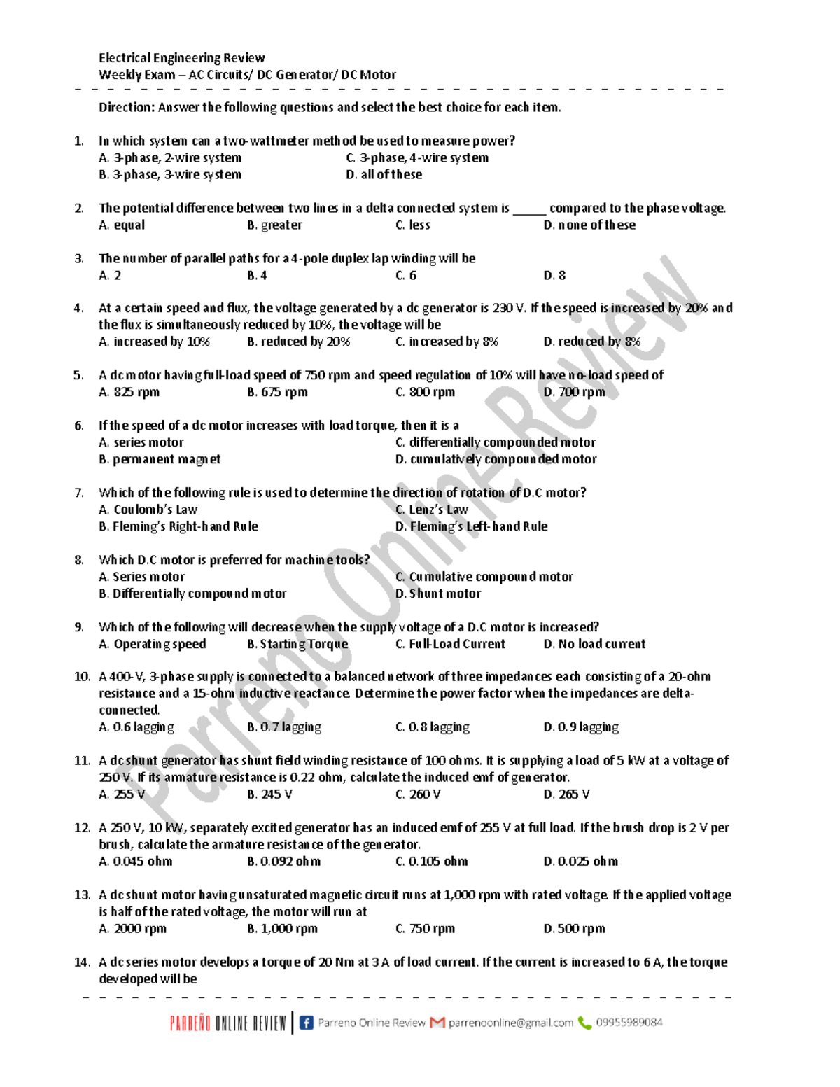 Weekly Exam - AC, DC Machines - Electrical Engineering Review Weekly ...