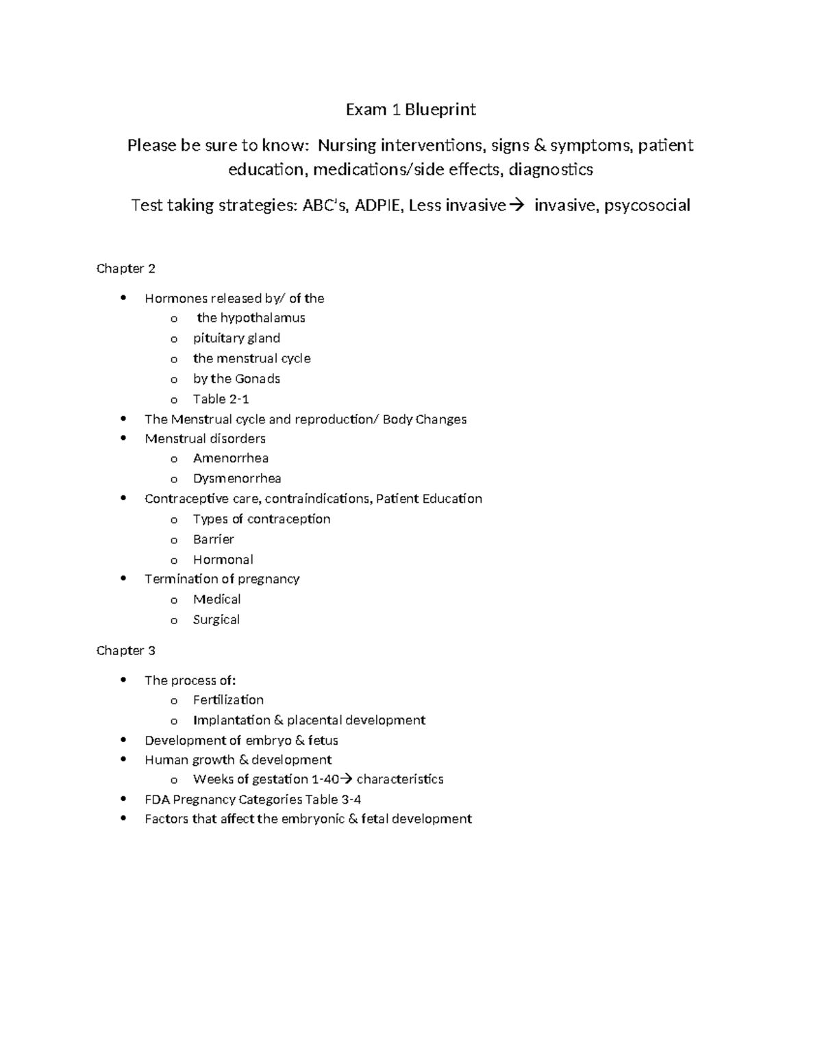 Exam 1 Blueprint - Exam 1 Blueprint Please be sure to know: Nursing ...