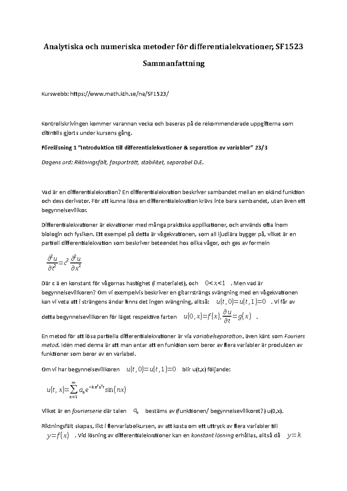 Analytiska Och Numeriska Metoder För Differentialekvationer ...