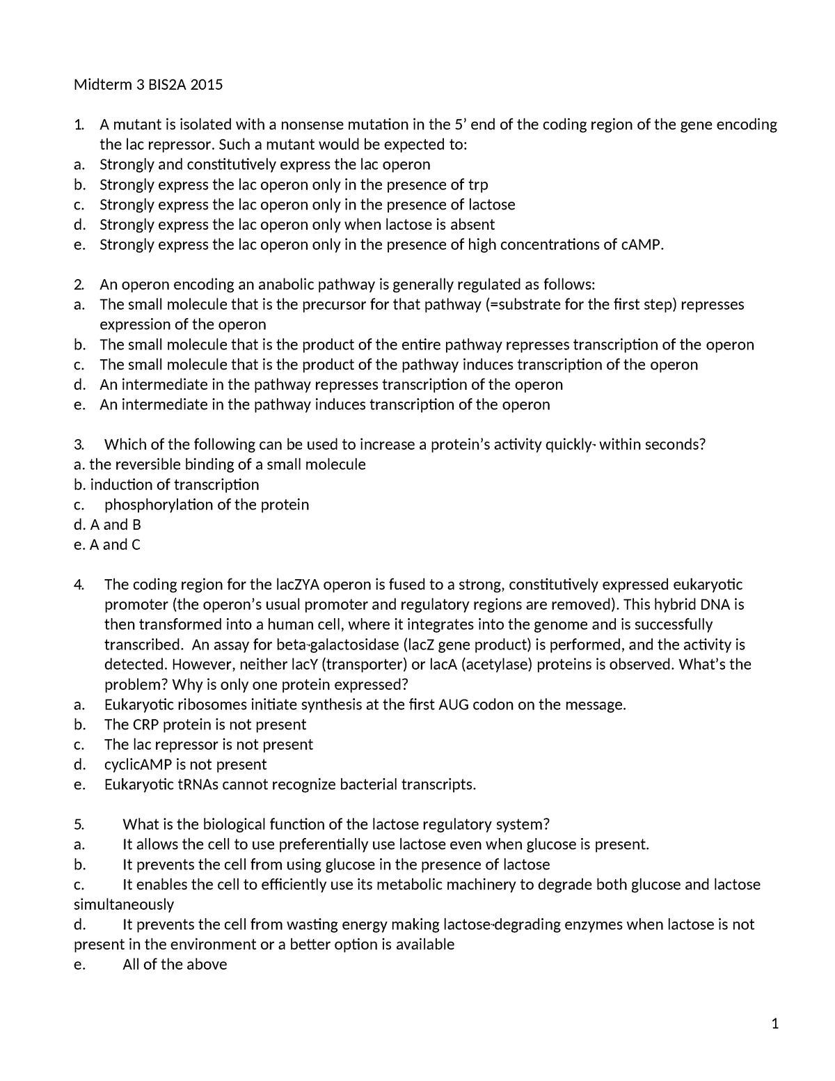 (1)Midterm 3 - Practice Test 2015 - Midterm 3 BIS2A 2015 A Mutant Is ...