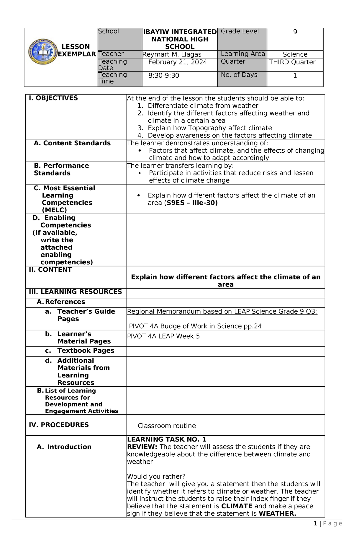 Science 9 COT-3- Factors affecting Climate and Weather - LESSON ...