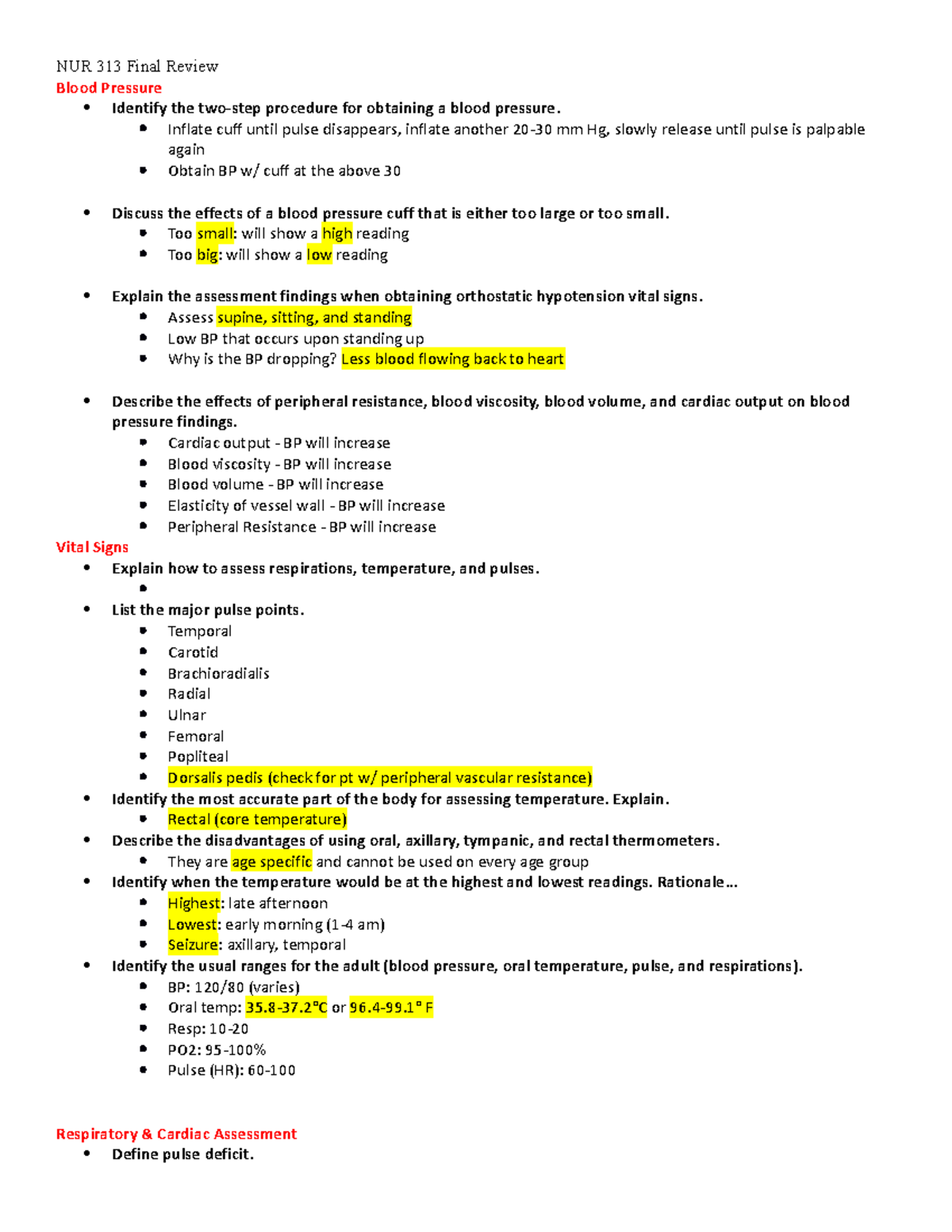 Nur 313 Final Review - Lecture Notes - Blood Pressure Identify The Two 