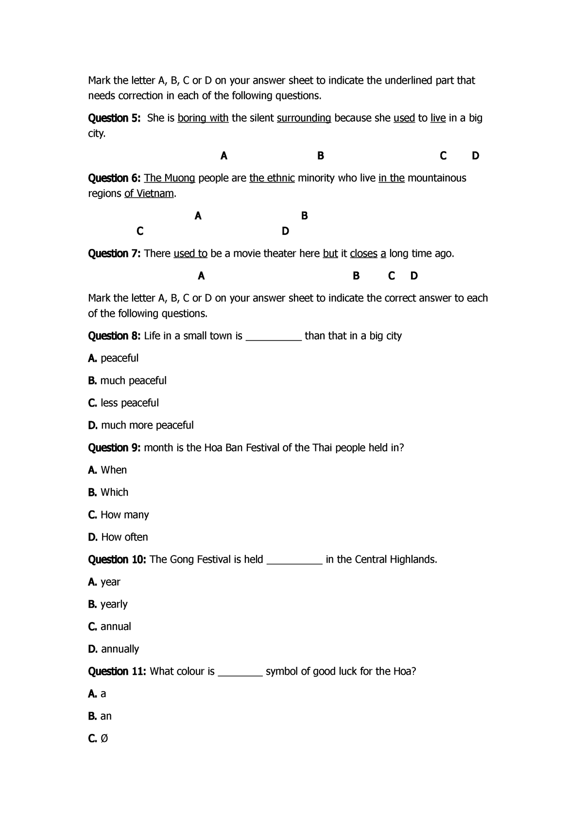 Mark The Letter A - English Exercise - Mark The Letter A, B, C Or D On ...