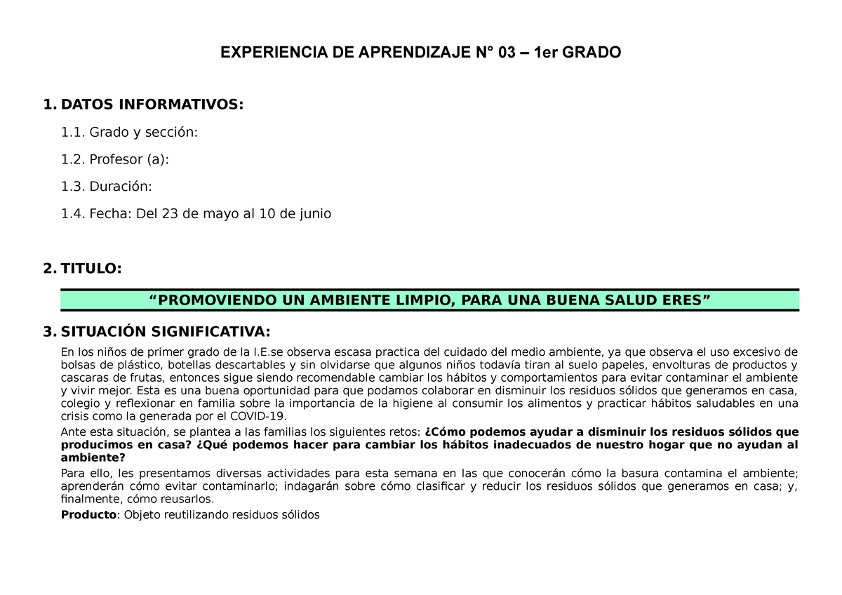 1° Grado - Experiencia DE Aprendizaje N°03 - EXPERIENCIA DE APRENDIZAJE ...